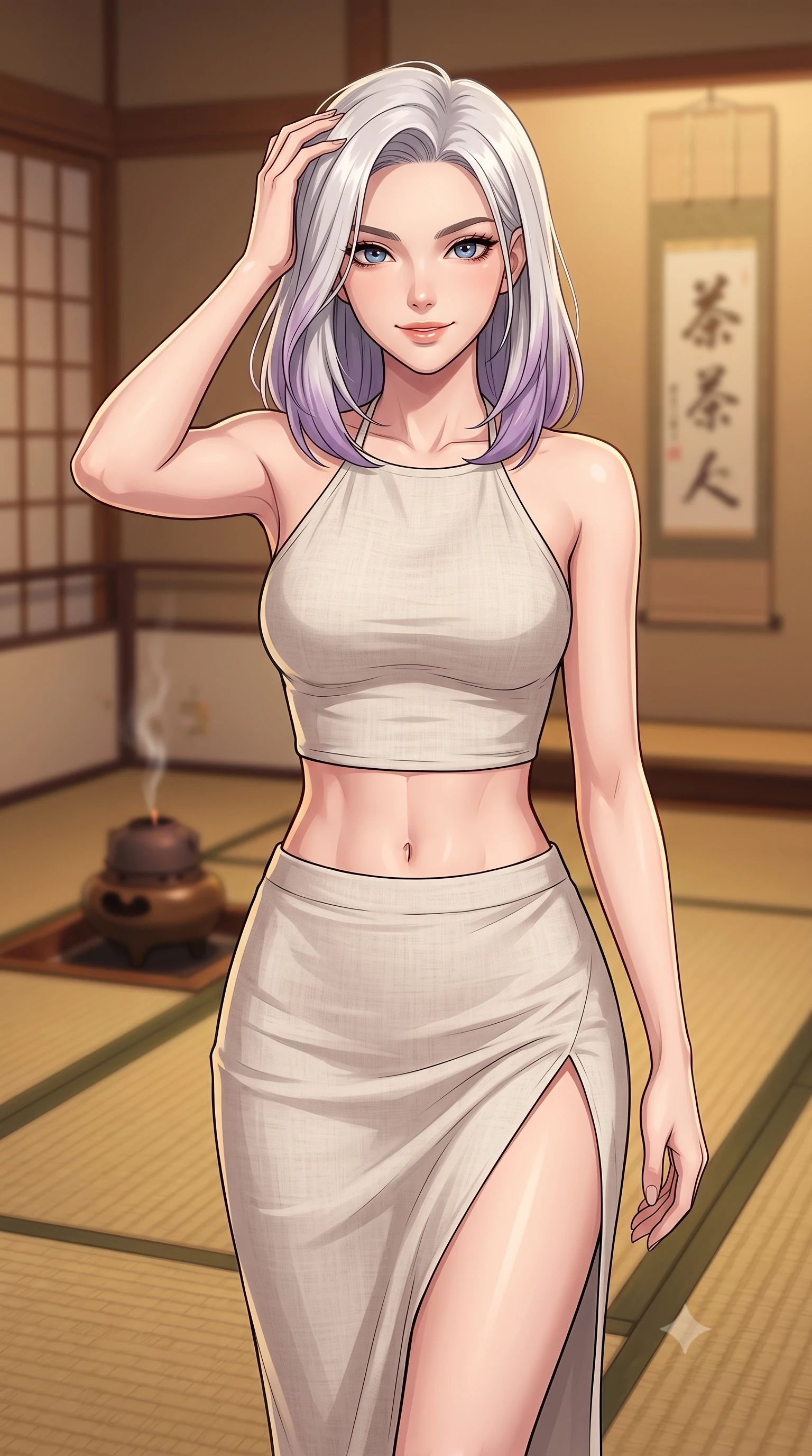 score_9, masterpiece, best quality, ultra-detailed, high-budget anime keyframe, tasteful artistic composition, Caucasian woman. close-up cowboy shot from the waist and thighs up, the character dominates the composition, filling the frame with her large presence, background elements kept in soft focus. smiling with quiet, magnetic self-assurance directly into the camera, running a hand through her hair the background shows a soft-focus a quiet traditional tea room with tatami mats and a burning incense burner. She has an exceptionally elegant, slender, and willowy female figure with an ultra-slim waist, a gracefully sculpted slender torso, and a refined silhouette. sharp v-shaped jawline, high-bridge nose, intricate jewel-like eyes with depth, thick eyelashes, glossy lips with a natural sheen. wearing a body-hugging linen halter-neck crop top paired with a matching high-slit midi skirt, revealing a sculpted midriff. low-contrast, soft warm ambient uplight casting a peaceful glow. highly saturated vibrant anime colors, cel-shading, 2d style, master piece, 9:16 ratio
