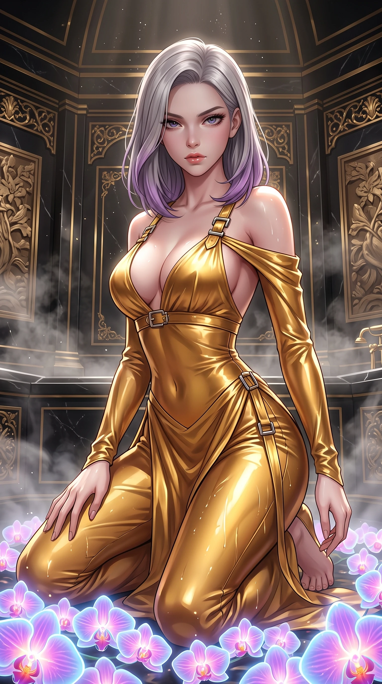 score_9, masterpiece, best quality, ultra-detailed, High-budget Anime Keyframe, Caucasian woman, strictly human ears. Low angle cowboy shot filling the entire 9:16 frame with her statuesque presence. Scenario 283: kneeling on a soft bed of glowing neon orchids under a steam-filled bathhouse built of black obsidian stone and gold accents. Her presence is magnetic and overpowering in this high-budget anime scene. Outfit 283: a tailored molten liquid silk gold with a low-cut shoulder and metallic buckles. The clothing is designed to emphasize her exceptionally tall and slender 8-heads proportion. 8-heads proportion, towering silhouette, ultra-slim waist. sharp v-shaped jawline, intricate jewel-like eyes with depth, thick eyelashes, glossy lips. 2k, ultra detail, master piece, 9:16 ratio