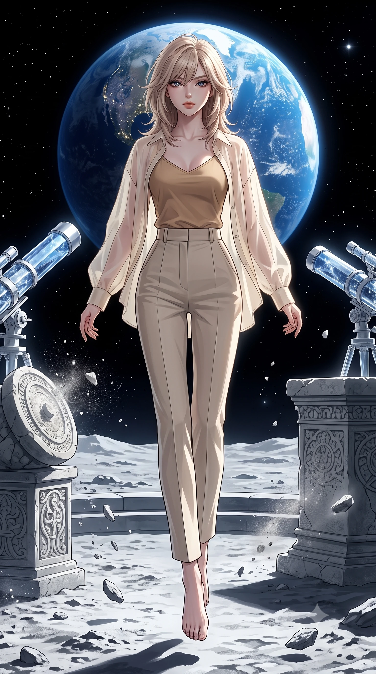 score_9, masterpiece, best quality, ultra-detailed, high-budget anime keyframe, editorial fashion photography, tasteful artistic composition, Japanese woman. low angle full-body shot from head to toe showing her feet, filling the entire 9:16 vertical frame with her statuesque presence, stretching her vertical silhouette. leaping gracefully through an open-air observation terrace on the moon's surface with crystalline telescopes pointing toward the blue Earth hanging in the black sky lunar dust particles floating weightlessly around ancient stone instruments. She has a statuesque 8.5-heads proportion, an exceptionally tall, slender and willowy model-like build with impossibly long legs and a highly sculpted ultra-slim waist. sharp v-shaped jawline, high-bridge nose, intricate jewel-like eyes with depth, thick eyelashes, glossy lips with a natural sheen. wearing a semi-transparent cream organza oversized shirt layered naturally over a tan-colored camisole top, paired with tailored trousers. cold silver earthshine reflecting off the lunar surface combined with stark unfiltered starlight creating sharp high-contrast shadows on the grey regolith. 2k, ultra detail, master piece, 9:16 ratio
