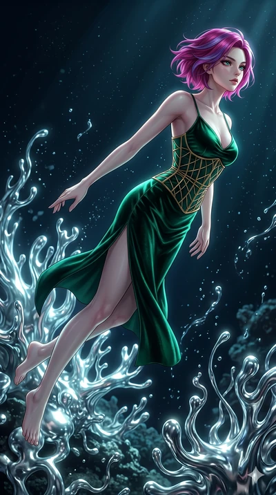 score_9, masterpiece, best quality, ultra-detailed, high-budget anime keyframe, Korean woman. upper body close-up from the thighs up, character filling the screen for maximum presence. diving through a bionic fluid mercury reef where self-replicating