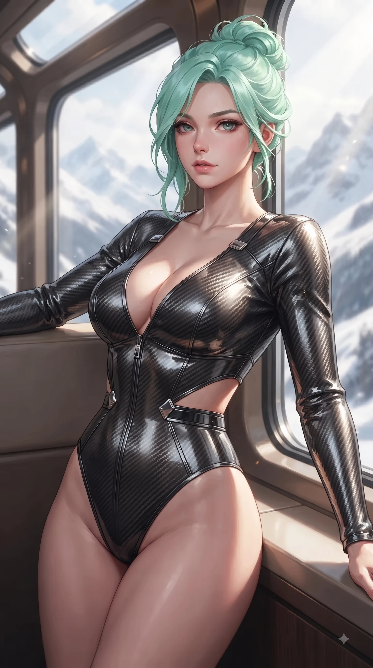 score_9, masterpiece, best quality, ultra-detailed, high-budget anime keyframe, editorial fashion photography, tasteful artistic composition, Japanese woman woman. close-up cowboy shot from the waist and thighs up, the character dominates the composition, filling the frame with her large presence, background elements kept in soft focus. She has an exceptionally elegant, slender, and willowy female figure with an ultra-slim waist, a gracefully sculpted slender torso, and a refined silhouette. leaning back effortlessly against the surrounding architecture with an air of magnetic superiority, flawlessly proportioned anatomical accuracy, natural body alignment, perfectly sculpted elegant limbs, clean dynamic posture without body distortion. set against a soft-focus background of a winding luxury train lounge car showing snowy alpine peaks. wearing a low-cut carbon fiber combat bodysuit with strategic waist cutouts and chrome hardware. bathed in crisp alpine morning sunbeams slicing through panoramic window glass. ultra-reflective glossy finish, specular highlights, metallic sheen, high-contrast stereoscopic depth, volumetric dynamic lighting, 2k, ultra detail, master piece, 9:16 ratio