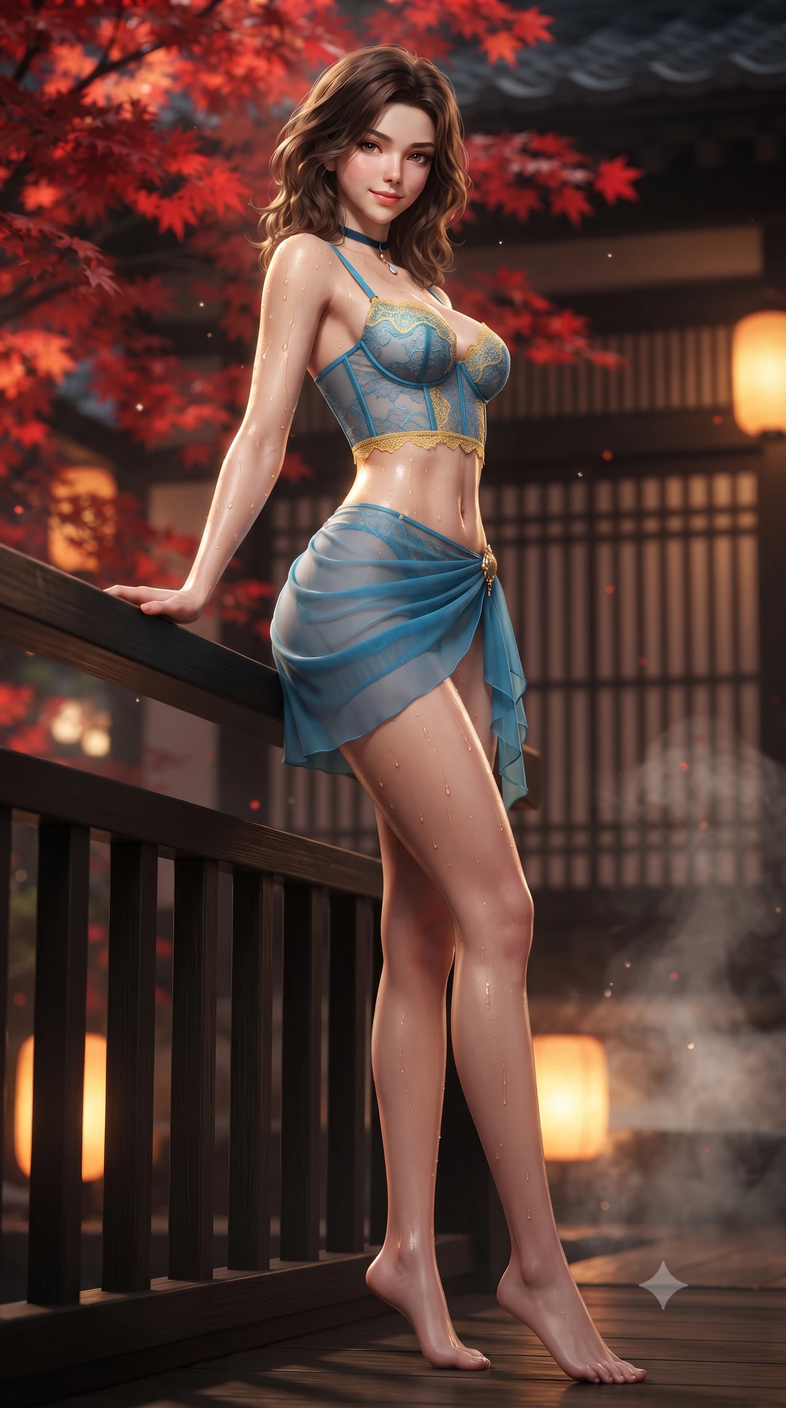 score_9, masterpiece, best quality, ultra-detailed, high-budget anime keyframe, editorial fashion photography, tasteful artistic composition, Korean woman. low angle full-body shot from head to toe showing her feet, filling the entire 9:16 vertical frame with her statuesque presence, stretching her vertical silhouette. leaning deep against the balcony balustrade with hips cocked back in an unapologetically alluring high-fashion stance, casting an intoxicating glance while twisting her slender torso in an alluring contrapposto stance, warm mineral water droplets and glowing paper lanterns tracing her curves. The background shows a soft-focus vibrant scarlet Japanese maple leaves overhanging the bath, dark timber machiya lattice walls, and rising mineral steam blurred into crimson, amber, and charcoal bokeh. She has an absolutely perfect, statuesque 8.5-heads proportion, an exceptionally tall and slender model-like female figure with impossibly long slender legs, an ultra-slim waist, a flat toned midriff, narrow delicate ribcage, and beautifully sculpted feminine hips creating a graceful, slim hourglass silhouette without any bulky heaviness. sharp v-shaped jawline, high-bridge nose, sparkling eyes with hypnotic seductive depth, thick curled eyelashes, glossy parted lips with a natural dewy peach sheen, alluring bedroom-eyes with an enchanting coquettish smile, exuding magnetic siren charisma and sophisticated glamour, flawlessly proportioned anatomical accuracy, strict slender model proportions, natural body alignment, perfectly sculpted long slender limbs, ultra-slim waistline, clean dynamic posture without body distortion. wearing a delicate French lace underwire bustier paired with a draped sheer chiffon wrap mini skirt and gold hip brooch in Amalfi azure blue and sunlit lemon gold, made of semi-opaque stretch illusion mesh with soft shadowy contours, finished with a thin velvet ribbon choker and a single teardrop diamond pendant, the form-contouring silhouette accentuating her sculpted flat midriff, narrow delicate ribcage, and gracefully curvy hips with intoxicating allure. bathed in warm underwater thermal tub illumination paired with amber courtyard lantern glow. ultra-reflective glossy finish, specular highlights, rich textural contrasts, high-contrast stereoscopic depth, volumetric dynamic lighting, 2k, ultra detail, master piece, 9:16 ratio