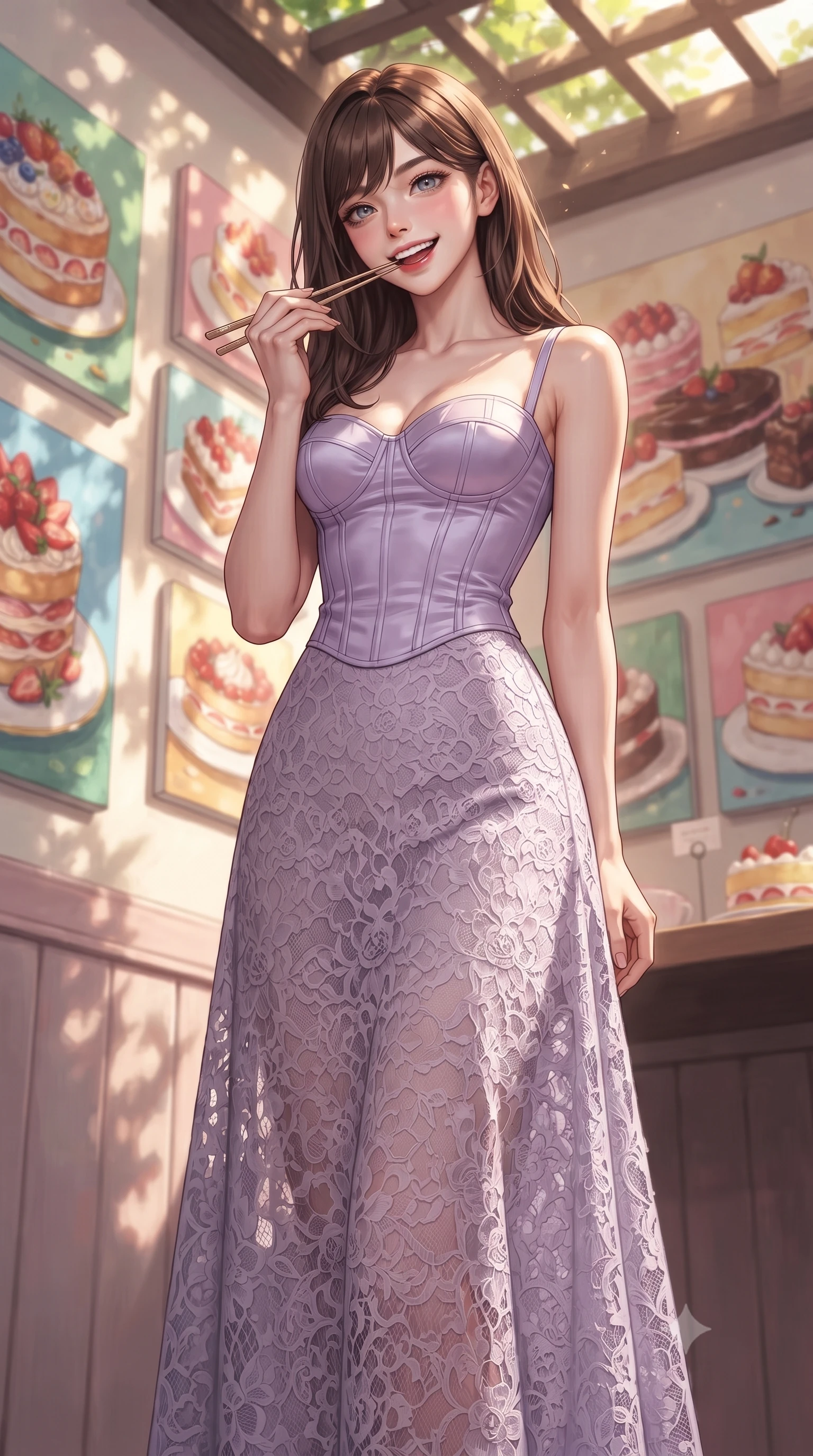 score_9, masterpiece, best quality, ultra-detailed, high-budget anime keyframe, editorial fashion photography, tasteful artistic composition, Korean woman. low angle full-body shot from head to toe showing her feet, filling the entire 9:16 vertical frame with her statuesque presence, stretching her vertical silhouette. standing with a cute, bright pose, tilting her head with a beaming smile set against a soft-focus background of in a cozy dessert cafe corner decorated with colorful cake paintings holding a pair of chopsticks with a cute, excited look before eating. She has an absolutely perfect, statuesque 8.5-heads proportion, an exceptionally tall and slender model-like female figure with impossibly long slender legs and an ultra-slim waist. sharp v-shaped jawline, high-bridge nose, intricate jewel-like eyes with depth, thick eyelashes, glossy lips with a natural sheen. wearing slim-fit tailored bustier corset in soft lavender silk with a semi-opaque lace long skirt. dappled sunlight filtering through the outdoor trellis onto her shoulders. ultra-reflective glossy finish, specular highlights, metallic sheen, high-contrast stereoscopic depth, volumetric dynamic lighting, 2k, ultra detail, master piece, 9:16 ratio