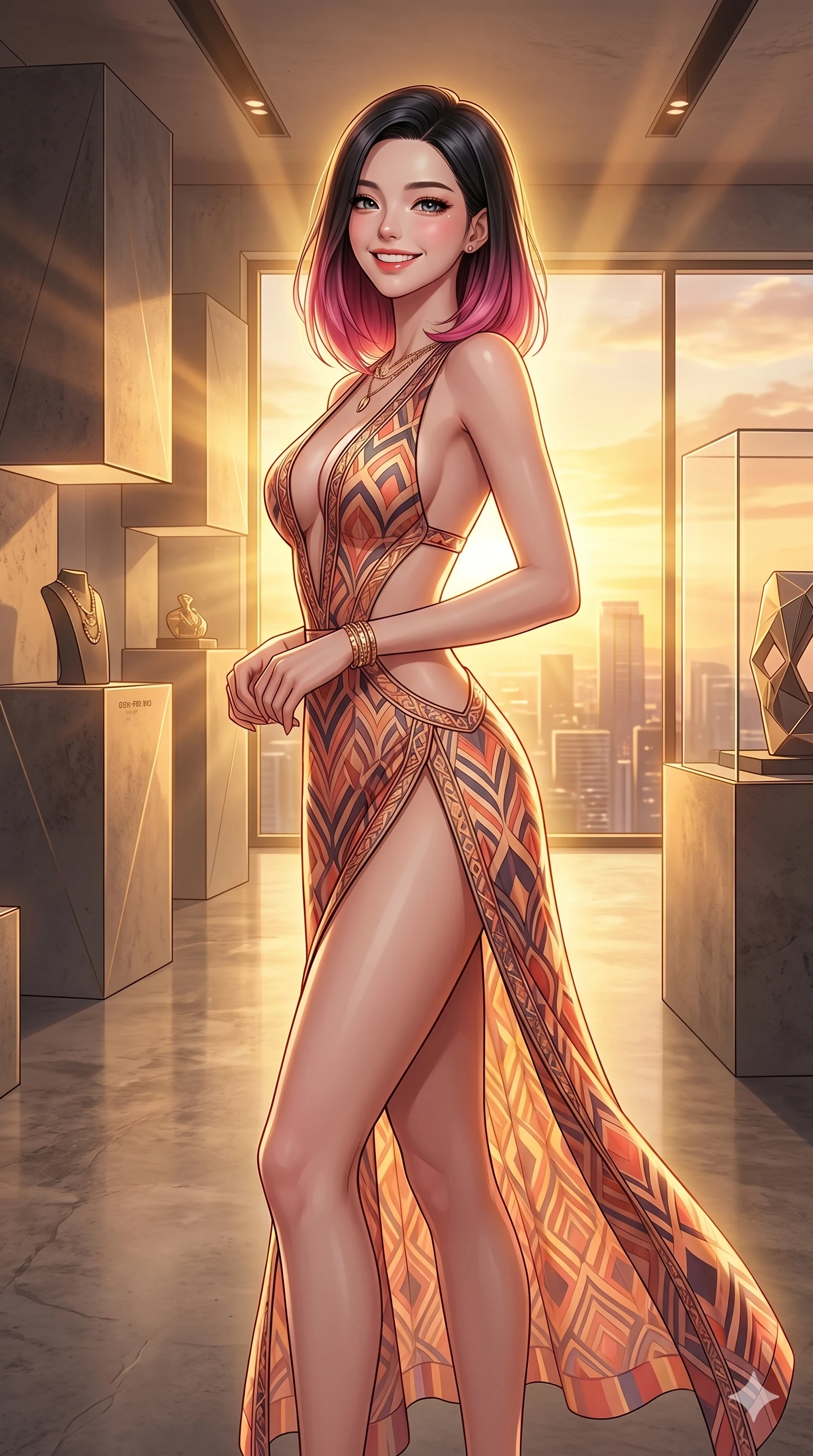score_9, masterpiece, best quality, ultra-detailed, high-budget anime keyframe, vibrant anime aesthetic, Korean woman. cowboy shot from the thighs up, character and outfit filling the frame for maximum presence. She is standing tall, looking over her shoulder with a radiant, smiling expression inside a chic designer showroom with sunbeams (Code-P20-100). She has an absolutely perfect 8-heads proportion, an exceptionally tall and slender female figure with impossibly long slender legs and an ultra-slim waist. V-shaped jawline, high-bridge nose, intricate jewel-like eyes with depth, thick eyelashes, glossy lips with a natural sheen. wearing a high-slit resort dress with plunging neckline and side cutouts. She is glowing with warm sunset light radiating from the horizon, casting a golden aura. 2k, ultra detail, master piece, 9:16 ratio