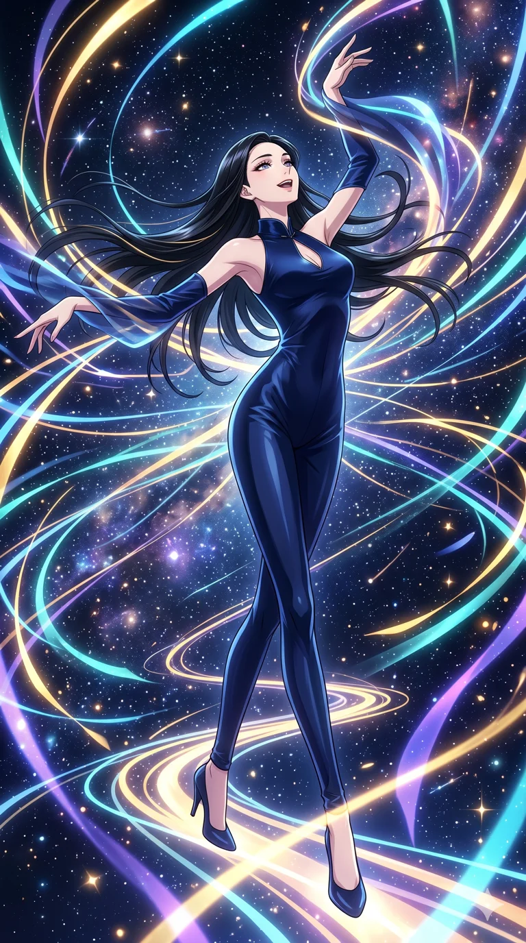 score_9, masterpiece, best quality, ultra-detailed, High-budget Anime Keyframe, vibrant colors, fluid line-art, expressive lighting, cinematic composition, Ufotable-style visual effects, top-tier animation quality, Japanese woman with delicate and elegant anime-inspired features. Low angle cowboy shot filling the entire 9:16 frame with her statuesque presence, looking up to emphasize her height. Dancing amidst a storm of glowing ribbons that trail behind her every movement. She has an absolutely perfect 8-heads proportion, an exceptionally tall and slender female figure with impossibly long slender legs and an ultra-slim waist, her statuesque height and towering silhouette dominating the vertical 9:16 frame. Her face is a masterpiece featuring a sharp v-shaped jawline, high-bridge nose, intricate jewel-like eyes with depth, thick eyelashes, and glossy lips with a natural sheen. She is wearing a Sleek liquid-silk jumpsuit that clings to her frame, with a high collar and a small strategic teardrop cutout. The scene is set in a starlit void where ribbons of light serve as the only paths. 2k, ultra detail, master piece, 9:16 ratio