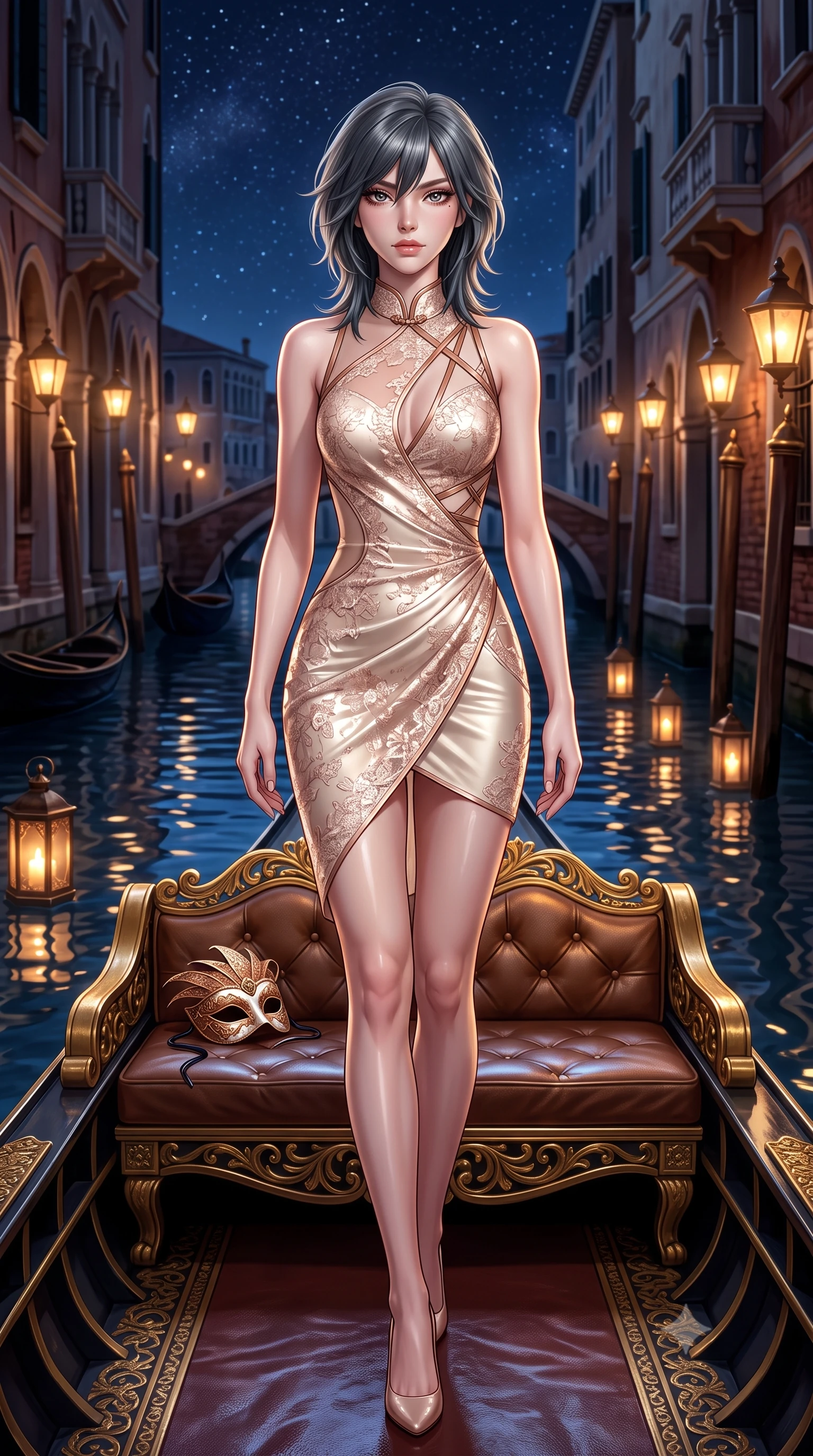 score_9, masterpiece, best quality, ultra-detailed, high-budget anime keyframe, semi-realistic 3D game render, editorial fashion photography, tasteful artistic composition, Caucasian woman. low angle full-body shot from head to toe showing her feet, filling the entire 9:16 vertical frame with her statuesque presence, stretching her vertical silhouette. striding forward in a proud supermodel runway stride, hips swaying in an alluring kinetic rhythm that accentuates her curvy hourglass silhouette while stretching languidly on the gondola daybed with hands raised behind her head, parted glossy lips reflecting flickering lantern glow. The surrounding environment is rendered in vivid detail and crisp panoramic clarity. detailed mask filigree, silk dress drape folds, and starry night sky reflections in high resolution. She has an exceptionally tall and slender model-like 8.5-heads proportion, an ultra-slim waist, a flat toned midriff, narrow delicate ribcage, and beautifully sculpted feminine hips creating a graceful, slim hourglass silhouette without any bulky heaviness, with impossibly long slender legs. sharp v-shaped jawline, high-bridge nose, intricate jewel-like eyes with depth, thick eyelashes, glossy parted lips with a natural sheen, intensely captivating and seductive bedroom-eyes expression, flawlessly proportioned anatomical accuracy, strict slender model proportions, natural body alignment, perfectly sculpted long slender limbs, ultra-slim waistline, clean dynamic posture without body distortion. wearing a wet-look silk fusion wrap dress with asymmetrical sheer mesh cutouts and high Mandarin collar in vintage champagne ivory and delicate rose gold, formed from shimmering floral lace over smooth opaque silk lining, featuring an open-back criss-cross harness strap in dark leather, the liquid-tight tailored fabric clinging flawlessly to her narrow waist and rounded feminine hips, emphasizing every millimeter of her sculpted slim hourglass curves without any bulky heaviness. surrounded by an aristocratic, scandalous, and breathlessly captivating Venetian siren aura. highly saturated vibrant anime colors, detailed shading with soft gradients, rich glossy textures, high-contrast stereoscopic depth, volumetric dynamic lighting, master piece, 9:16 ratio