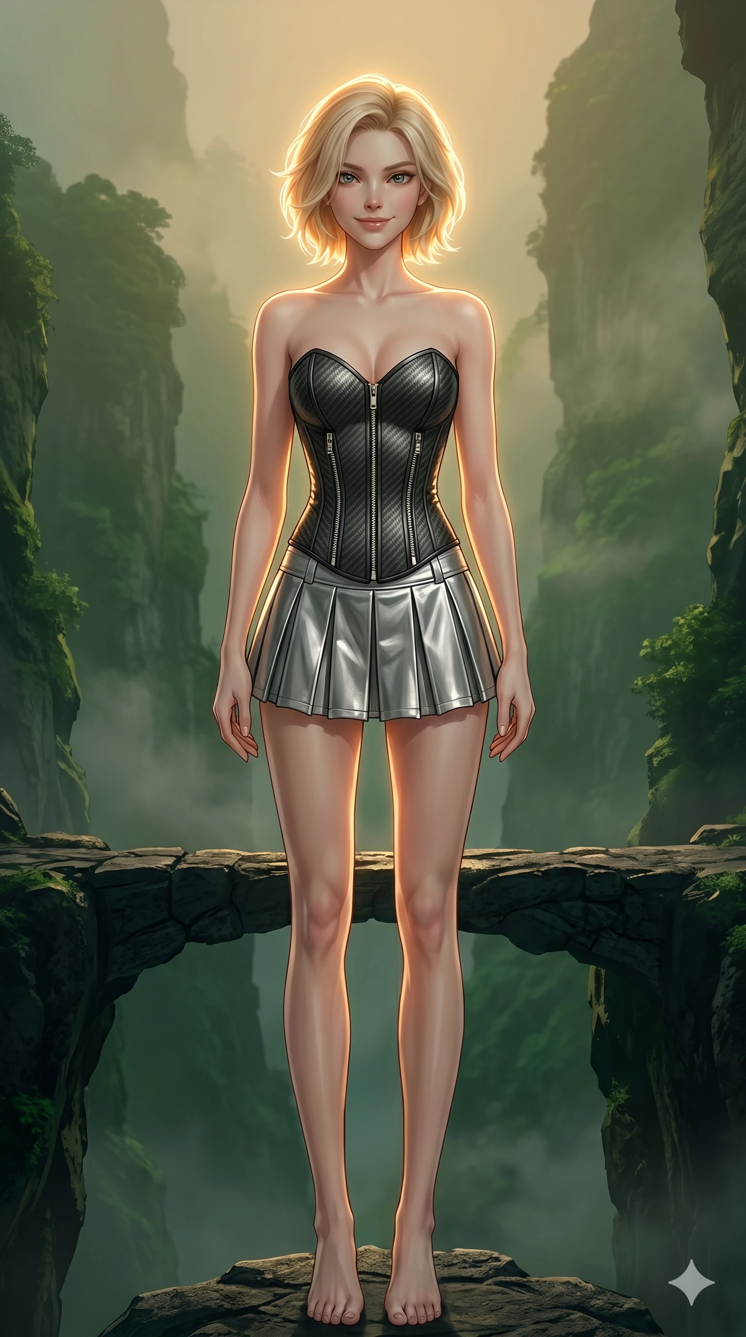 score_9, masterpiece, best quality, ultra-detailed, high-budget anime keyframe, editorial fashion photography, tasteful artistic composition, Caucasian woman, strictly human ears. cowboy shot from the thighs up, character and outfit filling the frame for maximum editorial presence. Smiling with quiet, magnetic self-assurance directly into the camera on a floating bridge of dark stone connecting two cliffs in a misty green canyon. She has an absolutely perfect 8-heads proportion, an exceptionally tall and slender female figure with impossibly long slender legs and an ultra-slim waist. V-shaped jawline, high-bridge nose, intricate jewel-like eyes with depth, thick eyelashes, glossy lips with a natural sheen. wearing a carbon-fiber textured structured corset with silver zippers, paired with a pleated metallic silver mini combat skirt. under warm golden hour backlighting creating a luminous radiant halo around her silhouette. 2k, ultra detail, master piece, 9:16 ratio