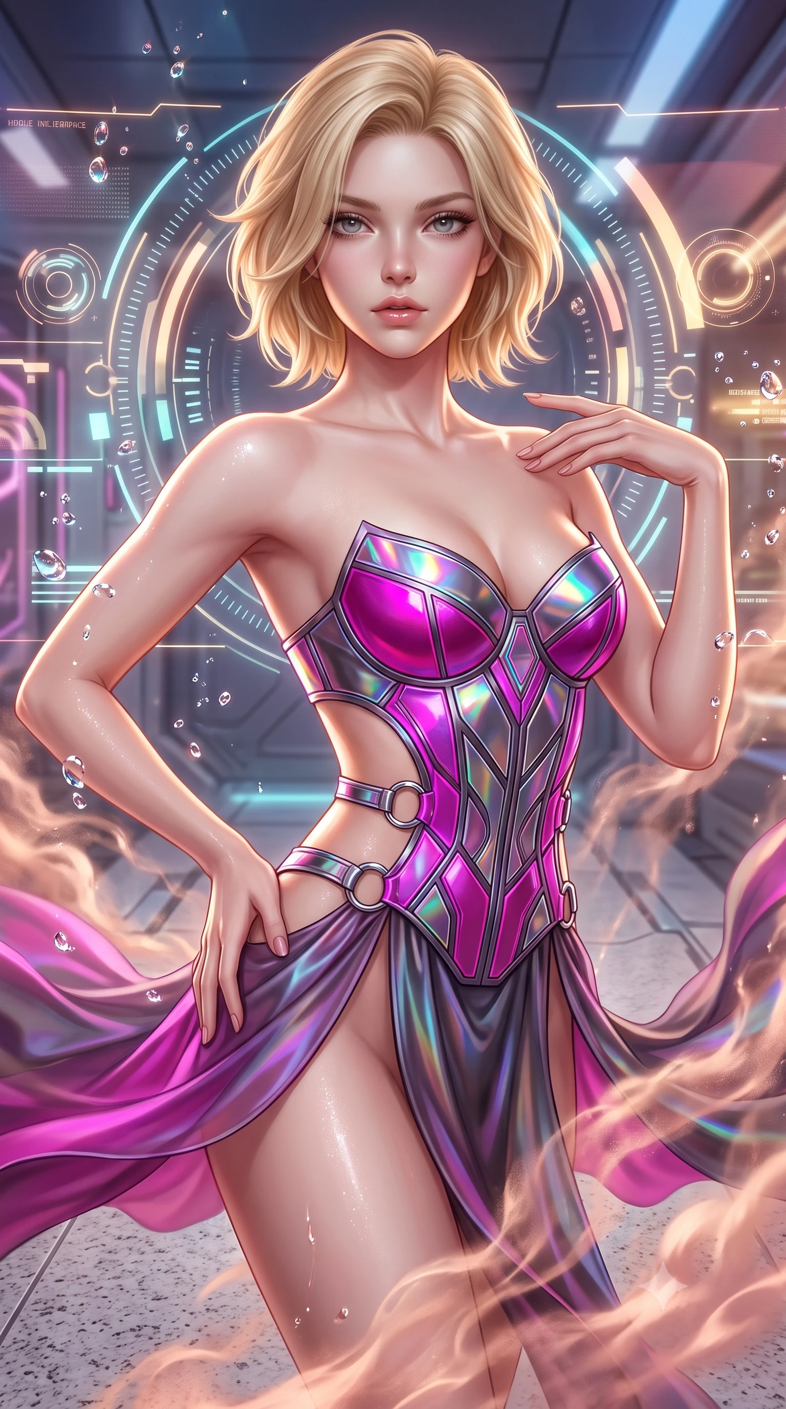 score_9, masterpiece, best quality, ultra-detailed, high-budget anime keyframe, semi-realistic 3D game render, editorial fashion photography, tasteful artistic composition, Caucasian woman. close-up cowboy shot from the waist and thighs up, the character dominates the composition, filling the frame with her large presence. looking into the camera lens with intense, captivating depth, softly parted glossy lips and thick eyelashes framing her ethereal gaze while stretching her slender torso in an alluring S-curve as warm rose-gold nano-mist vapors swirl around her bare legs. The surrounding environment is rendered in vivid detail and crisp panoramic clarity. sharp holographic halo interface glyphs, quartz floor grain, and fluid droplet beads in high clarity. She has an exceptionally elegant, slender, and willowy female figure with an ultra-slim waist, a gracefully sculpted slender torso, toned flat midriff, and a refined slim silhouette. sharp v-shaped jawline, high-bridge nose, intricate jewel-like eyes with depth, thick eyelashes, glossy lips with a natural sheen, flawlessly proportioned anatomical accuracy, strict slender model proportions, natural body alignment, perfectly sculpted long slender limbs, ultra-slim waistline, clean dynamic posture without body distortion. wearing a precision-tailored holographic cyber-corset with geometric iridescent plating and an ultra-slim waist-cinching silhouette in vibrant electric magenta and ultra-reflective dark titanium, made of smooth flowing silk chiffon that shifts colors with movement, detailed with polished silver rings connecting the daring side-waist cutouts, the precision-cut daring openings accentuating her delicate midriff, graceful bare collarbones, and ultra-slim feminine waistline. illuminated by sparkling fluid droplet refractions and crisp specular highlights tracing her slender curves. rich saturated anime colors with glowing neon highlights, detailed shading with soft gradients, rich glossy textures, high-contrast stereoscopic depth, volumetric dynamic lighting, master piece, 9:16 ratio