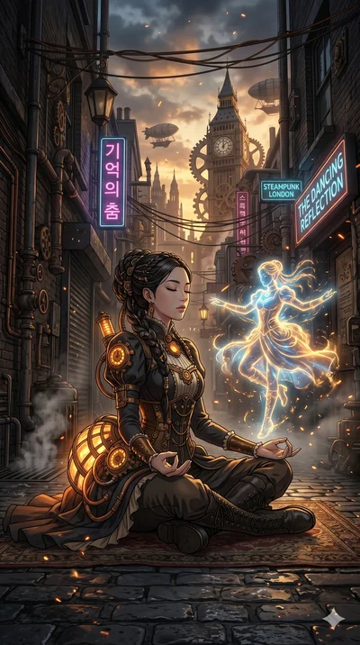 score_9, masterpiece, best quality, ultra-detailed, Set A: High-budget Anime Keyframe, Korean woman. Low angle cowboy shot filling the entire 9:16 frame with her statuesque presence. Theme: Urban Decay. meditating in a steampunk London alleyway, as h