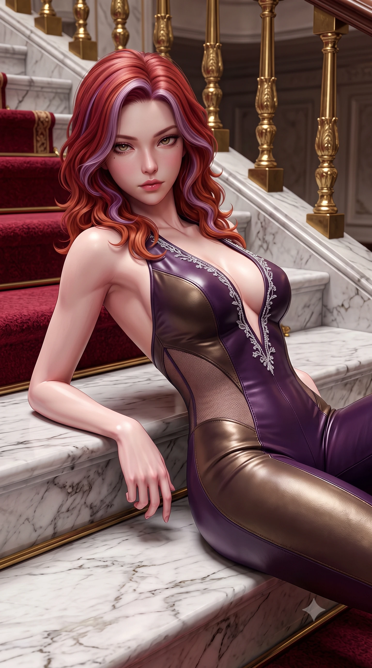 score_9, masterpiece, best quality, ultra-detailed, high-budget anime keyframe, semi-realistic 3D game render, editorial fashion photography, tasteful artistic composition, Caucasian woman. close-up cowboy shot from the waist and thighs up, the character dominates the composition, filling the frame with her large presence. leaning back with relaxed seductive grace, her sculpted collarbones and narrow waist highlighted as she casts smoldering bedroom-eyes directly into the camera while reclining on the broad marble stair landing propped on one elbow, her long slender legs and sculpted waist commanding the opulent Belle Époque space. The surrounding environment is rendered in vivid detail and crisp panoramic clarity. sharp Italian marble step veining, plush crimson carpet weave, and gilded brass baluster details in deep focus. She has an exceptionally elegant, slender, and willowy female figure with an ultra-slim waist, flat toned midriff, narrow ribcage, and sculpted feminine hips creating an alluring, slim hourglass silhouette without bulk. sharp v-shaped jawline, high-bridge nose, intricate jewel-like eyes with depth, thick eyelashes, glossy parted lips with a natural sheen, intensely captivating and seductive bedroom-eyes expression, flawlessly proportioned anatomical accuracy, strict slender model proportions, natural body alignment, perfectly sculpted long slender limbs, ultra-slim waistline, clean dynamic posture without body distortion. wearing a second-skin compression catsuit with an open back and sheer mesh side waist contouring in deep plum violet and antique bronze, formed from supple second-skin lambskin leather with specular sheen, finished with delicate crystal frost embroidery tracing the plunging neckline, the form-contouring material adhering flawlessly to her sculpted flat midriff and slender torso, emphasizing her long leg lines and perfectly proportioned willowy build. illuminated by crisp directional spotlights sharply defining her sculpted collarbones, ultra-slim waist, and curvy hips. highly saturated vibrant anime colors, detailed shading with soft gradients, rich glossy textures, high-contrast stereoscopic depth, volumetric dynamic lighting, master piece, 9:16 ratio