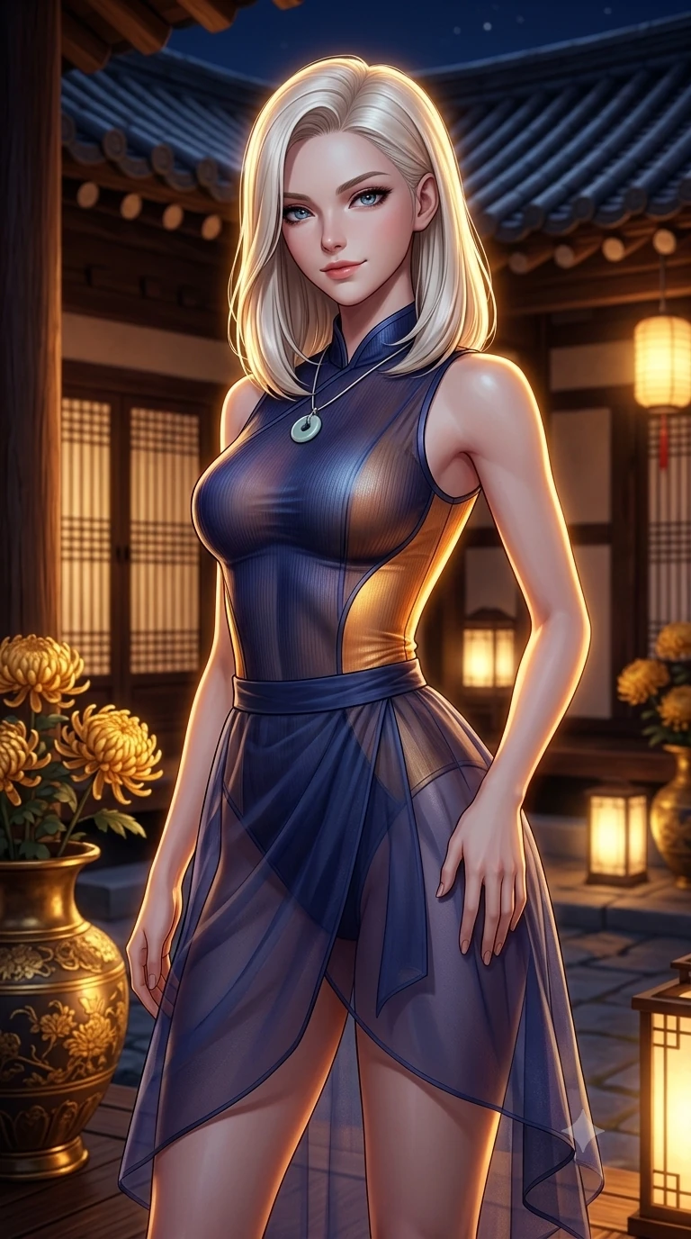 score_9, masterpiece, best quality, ultra-detailed, high-budget anime keyframe, semi-realistic 3D game render, editorial fashion photography, tasteful artistic composition, Caucasian woman. close-up cowboy shot from the waist and thighs up, the character dominates the composition, filling the frame with her large presence. tilting her head with a teasing half-smile, running one hand slowly down the side of her hip in a flirtatious S-curve as ambient light caresses her silhouette while twisting her slender torso in an alluring contrapposto stance between golden chrysanthemum urns, warm moonlight tracing her flat midriff. The surrounding environment is rendered in vivid detail and crisp panoramic clarity: detailed liquid silk satin halter leotard tailoring, sheer nobang wrap skirt, and traditional hanok architecture in razor-sharp precision. She has an exceptionally elegant, slender, and willowy female figure with an ultra-slim waist, flat toned midriff, narrow ribcage, and sculpted feminine hips creating an alluring, slim hourglass silhouette without bulk. sharp v-shaped jawline, high-bridge nose, sparkling eyes with hypnotic seductive depth, thick curled eyelashes, glossy parted lips with a natural dewy peach sheen, alluring bedroom-eyes with an enchanting coquettish smile, exuding magnetic siren charisma and sophisticated glamour, flawlessly proportioned anatomical accuracy, strict slender model proportions, natural body alignment, perfectly sculpted long slender limbs, ultra-slim waistline, clean dynamic posture without body distortion. wearing a delicate semi-translucent wet-look mesh hanbok bodysuit clinging sheerly to her sculpted torso and hip curves in midnight indigo and glowing lantern topaz, tailored from fine ribbed modal knit with gentle elastic contouring and soft hand-feel, finished with a minimalist celadon porcelain pendant on a fine silk cord, the bespoke structured tailoring following the natural line of her 8.5-heads silhouette with refined elegance. illuminated by courtyard lantern bounce and sharp honey-gold rim lights sculpting her razor-sharp jawline, narrow waist, and curvy hips. highly saturated vibrant anime colors, detailed shading with soft gradients, rich glossy textures, high-contrast stereoscopic depth, volumetric dynamic lighting, master piece, 9:16 ratio