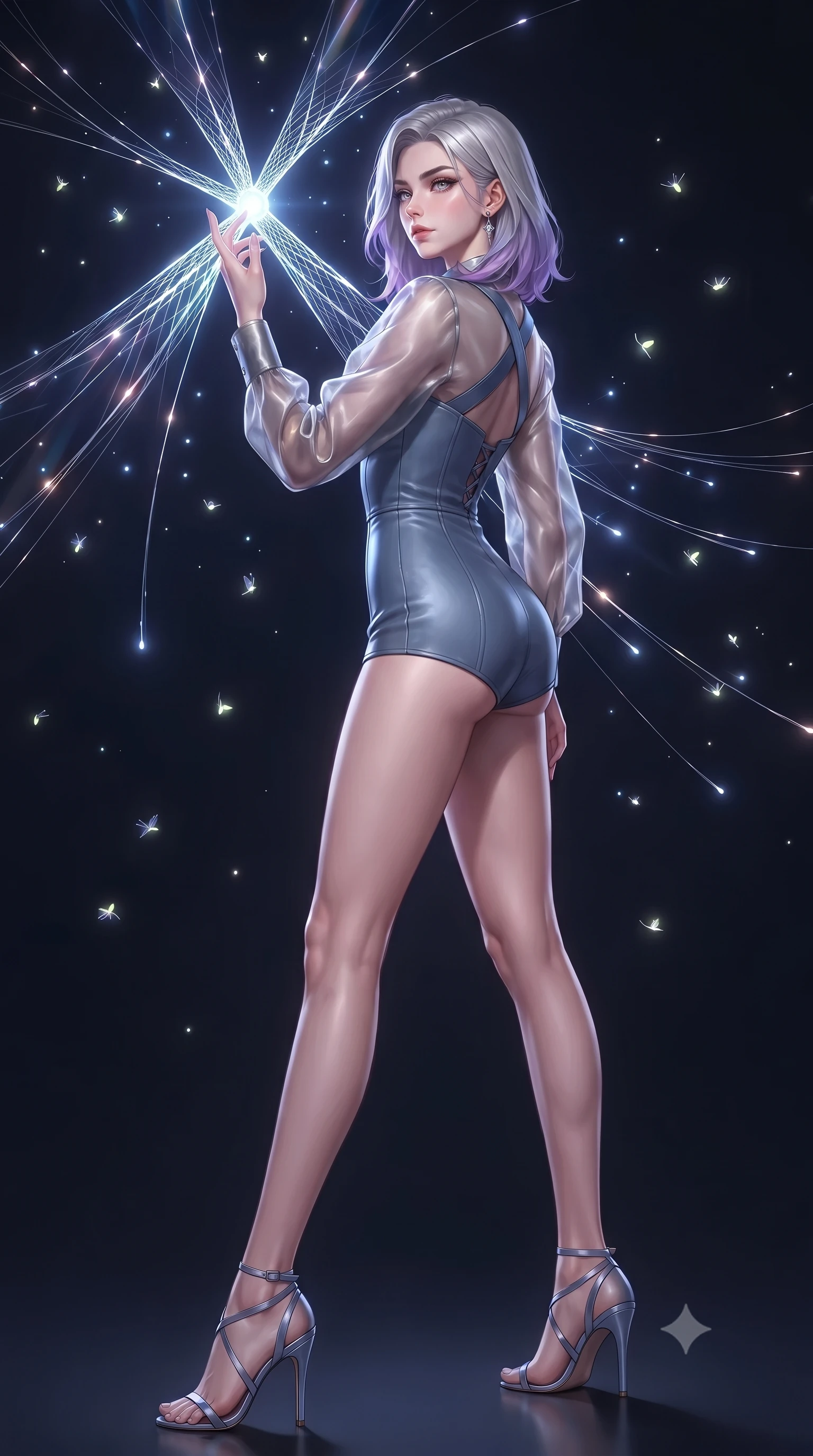 score_9, masterpiece, best quality, ultra-detailed, high-budget anime keyframe, editorial fashion photography, tasteful artistic composition, Caucasian woman. low angle full-body shot from head to toe showing her feet, filling the entire 9:16 vertical frame with her statuesque presence, stretching her vertical silhouette. interacting gracefully with the magical floating elements while maintaining a confident posture touching a cluster of luminescent filament threads casting brilliant lattice beams, glowing fiber optic motes drifting like fireflies in the background. She has an absolutely perfect, statuesque 8.5-heads proportion, an exceptionally tall and slender model-like female figure with impossibly long slender legs and an ultra-slim waist. sharp v-shaped jawline, high-bridge nose, intricate jewel-like eyes with depth, thick eyelashes, glossy lips with a natural sheen. wearing a tailored leather bustier over a sheer silk chiffon blouse in slate blue and metallic silver, woven from fine semi-opaque sheer organza, complemented by criss-cross back straps highlighting her bare shoulders, the glove-like fit emphasizing her statuesque silhouette. surrounded by a vibrant fluorescent aura with bright rim highlights. ultra-reflective glossy finish, specular highlights, metallic sheen, high-contrast stereoscopic depth, volumetric dynamic lighting, 2k, ultra detail, master piece, 9:16 ratio