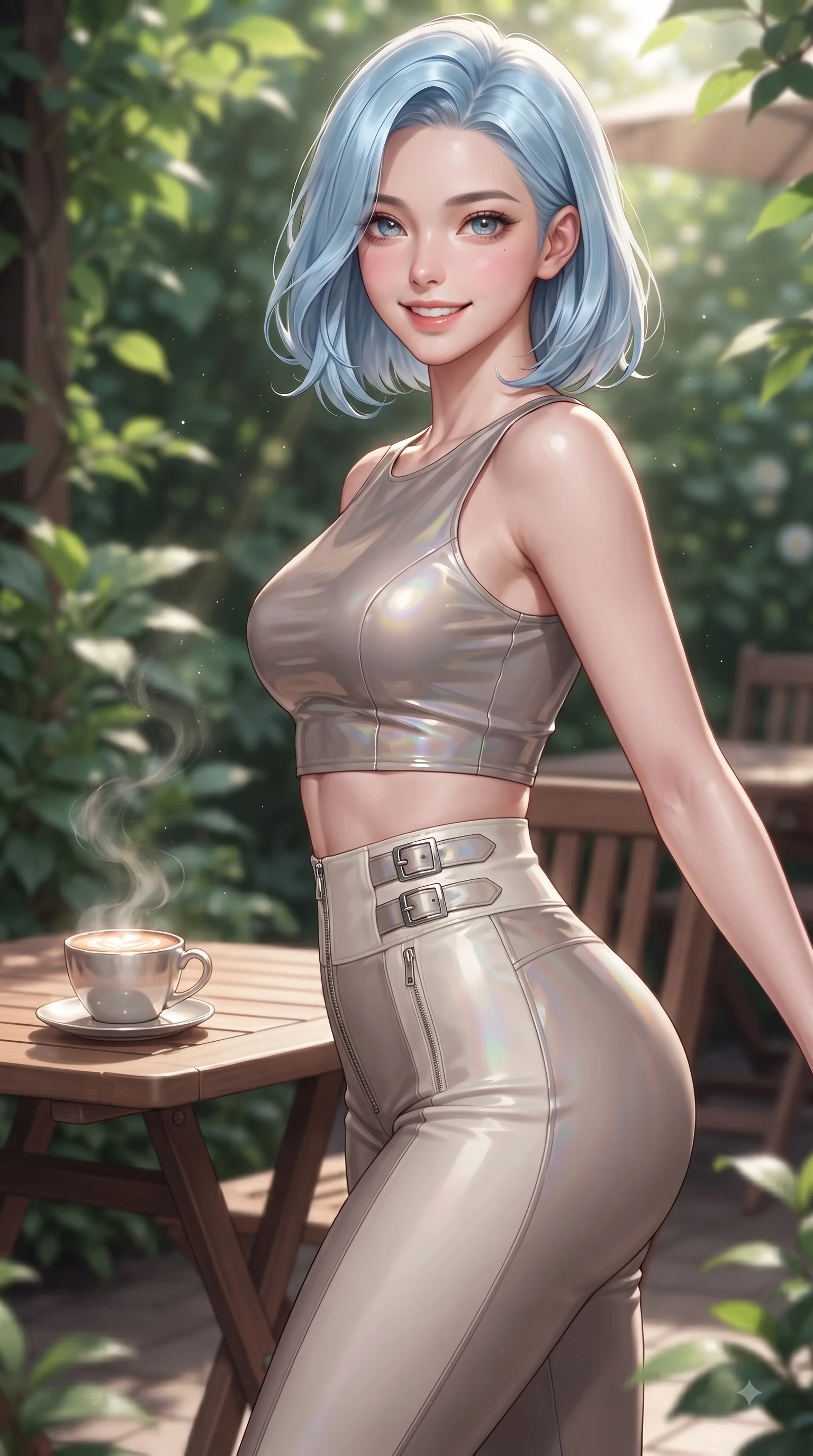 score_9, masterpiece, best quality, ultra-detailed, high-budget anime keyframe, editorial fashion photography, tasteful artistic composition, Korean woman. close-up cowboy shot from the waist and thighs up, the character dominates the composition, filling the frame with her large presence, background elements kept in soft focus. Youthful bright smile exuding pure cute charm and fresh energy, her torso turning dynamically into the lens while pivoting gracefully on a secluded wooden cafe terrace enveloped by lush green garden foliage, steam rising gracefully from a porcelain latte cup catching bright sunbeams. She has an exceptionally elegant, slender, and willowy female figure with an ultra-slim waist, a gracefully sculpted slender torso, and a refined silhouette. sharp v-shaped jawline, high-bridge nose, intricate jewel-like eyes with depth, thick eyelashes, glossy lips with a natural sheen, flawlessly proportioned anatomical accuracy, natural body alignment, perfectly sculpted elegant limbs, clean dynamic posture without body distortion. wearing a glossy vinyl crop top and high-waist tailored leggings with sleek zippers in muted taupe and soft ivory, crafted from iridescent chiffon that shifts colors in the light, detailed with polished silver buckles along the waistline, the tailored fabric tightly following every curve of her athletic build. surrounded by a cozy, intimate, and relaxing cafe atmosphere. ultra-reflective glossy finish, specular highlights, metallic sheen, high-contrast stereoscopic depth, volumetric dynamic lighting, 2k, ultra detail, master piece, 9:16 ratio