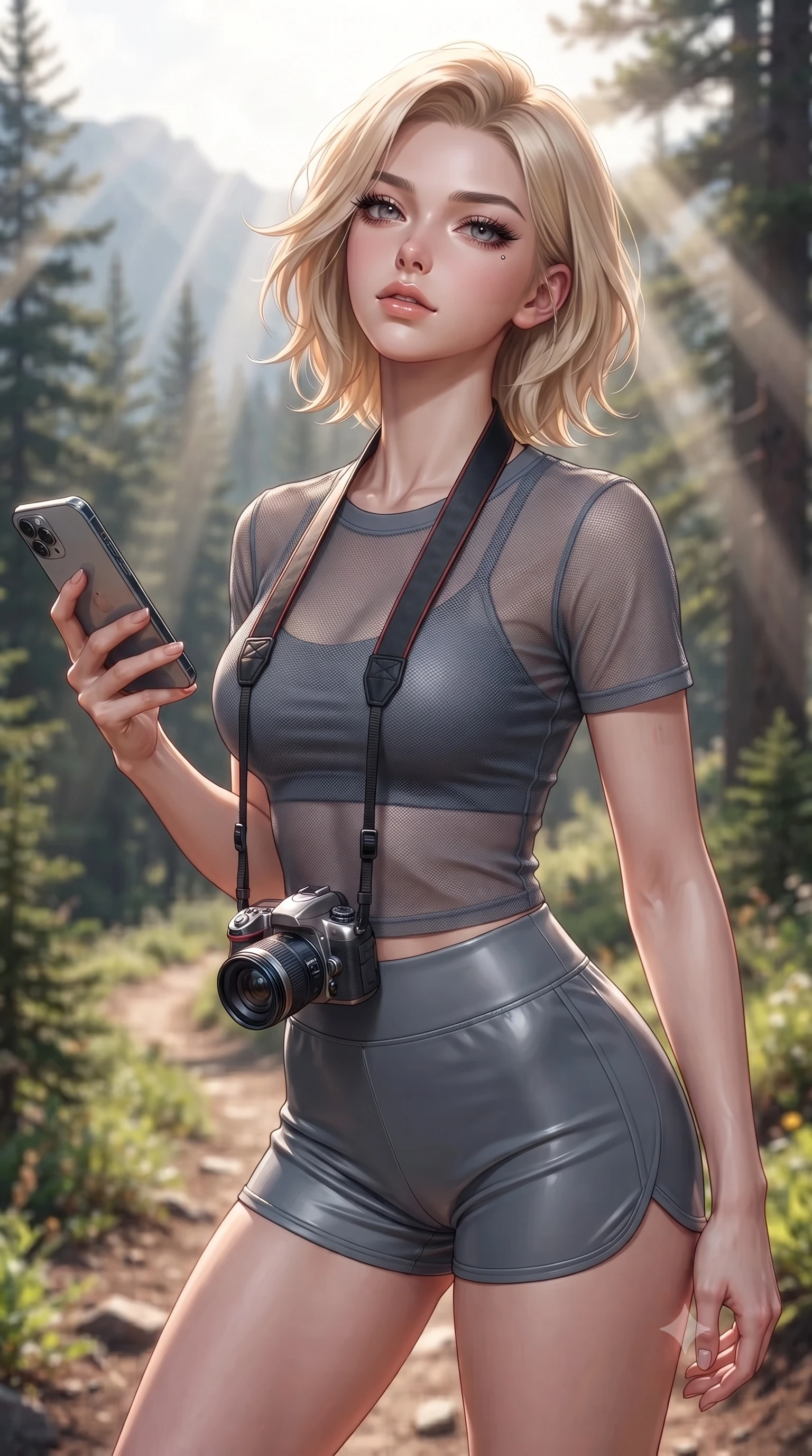 score_9, masterpiece, best quality, ultra-detailed, high-budget anime keyframe, editorial fashion photography, tasteful artistic composition, Caucasian woman. close-up cowboy shot from the waist and thighs up, the character dominates the composition, filling the frame with her large presence, background elements kept in soft focus. tilting her chin up with a composed yet magnetic gaze under long dark eyelashes set against a soft-focus background of along a scenic hiking trail winding through a pine forest with mountain views with a camera strap around her neck and a smartphone in her hand. She has an exceptionally elegant, slender, and willowy female figure with an ultra-slim waist, a gracefully sculpted slender torso, and a refined silhouette. sharp v-shaped jawline, high-bridge nose, intricate jewel-like eyes with depth, thick eyelashes, glossy lips with a natural sheen. wearing tailored sheer mesh athletic top in slate grey, worn over a slim-fit sports bralette and shorts. volumetric sunbeams slicing through the forest trees, creating light rays. ultra-reflective glossy finish, specular highlights, metallic sheen, high-contrast stereoscopic depth, volumetric dynamic lighting, 2k, ultra detail, master piece, 9:16 ratio