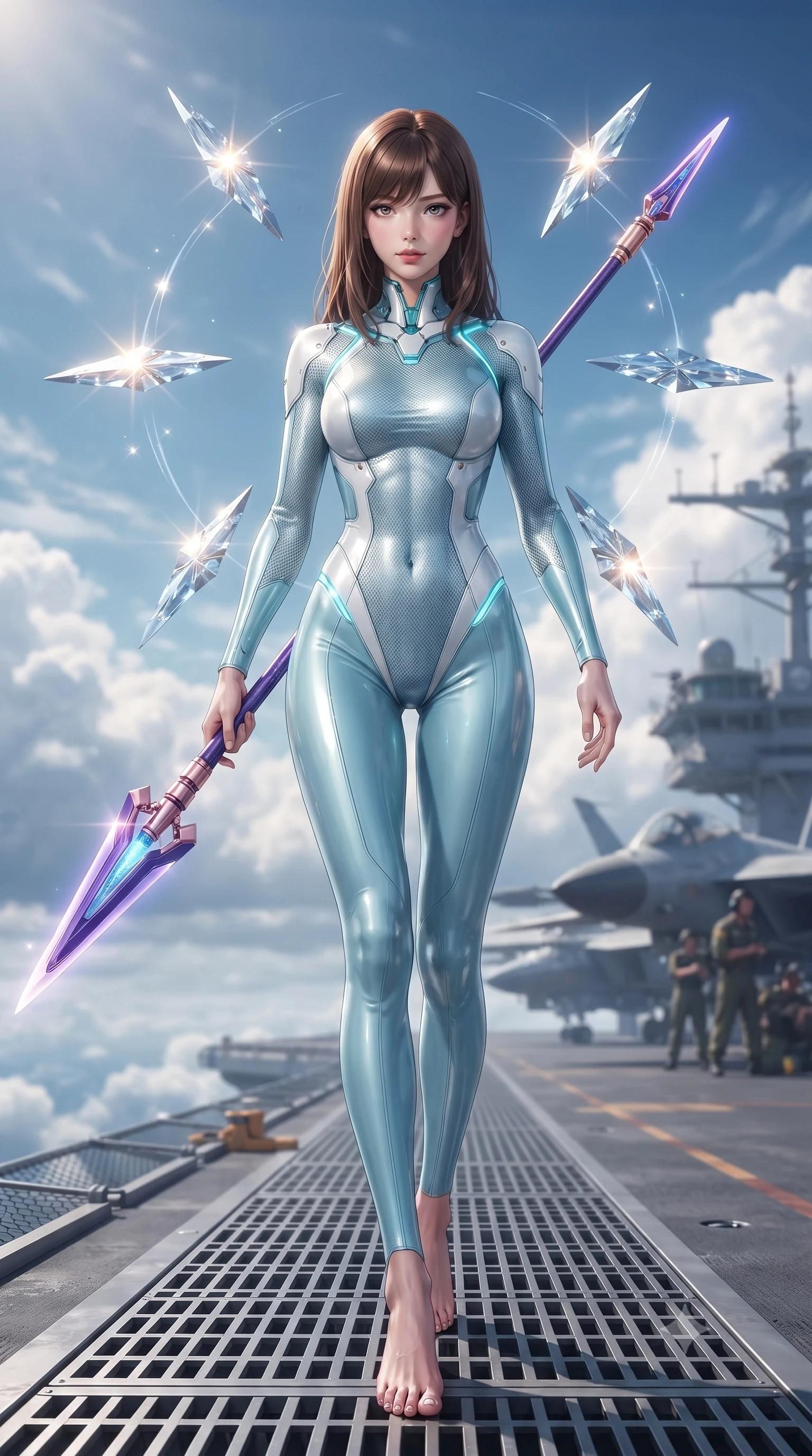 score_9, masterpiece, best quality, ultra-detailed, high-budget anime keyframe, editorial fashion photography, tasteful artistic composition, Korean woman. low angle full-body shot from head to toe showing her feet, filling the entire 9:16 vertical frame with her statuesque presence, stretching her vertical silhouette. striding forward with commanding supermodel grace, weapon held at the ready, her 8.5-heads statuesque silhouette dominating the vertical frame from head to toe while striding commanding down the flight deck of a flying super-carrier above the clouds as eight floating nano-crystal funnel blades orbit her. The composition keeps background elements in soft focus with creamy bokeh. glistening nano-crystal blade facets scattering bright sun glints across a breathtaking sky backdrop. She has an absolutely perfect, statuesque 8.5-heads proportion, an exceptionally tall and slender model-like female figure with impossibly long slender legs, a toned flat midriff, and an ultra-slim waist. sharp v-shaped jawline, high-bridge nose, intricate jewel-like eyes with depth, thick eyelashes, glossy lips with a natural sheen, flawlessly proportioned anatomical accuracy, strict slender model proportions, natural body alignment, perfectly sculpted long slender limbs, ultra-slim waistline, clean dynamic posture without body distortion. wearing an ultra-sleek glacial-cyan and white carbon-mesh combat bodysuit with frost-resistant plating, holding a glowing high-frequency cryo-energy spear with commanding poise in royal purple carbon fiber with rose-gold hardware and clasps, crafted from semi-translucent cybernetic carbon-vinyl interwoven with glowing micro-filaments, accented with glowing fiber-optic conduits tracing her collarbones and hip curves, the liquid-tight tailored fabric emphasizing every curve of her tall, slender model proportions and sculptured silhouette during dynamic movement. illuminated by crisp specular highlights tracing her sculpted collarbones, waistline, and long slender legs. ultra-reflective glossy finish, specular highlights, dark metallic sheen, high-contrast stereoscopic depth, volumetric dynamic lighting, 2k, ultra detail, master piece, 9:16 ratio