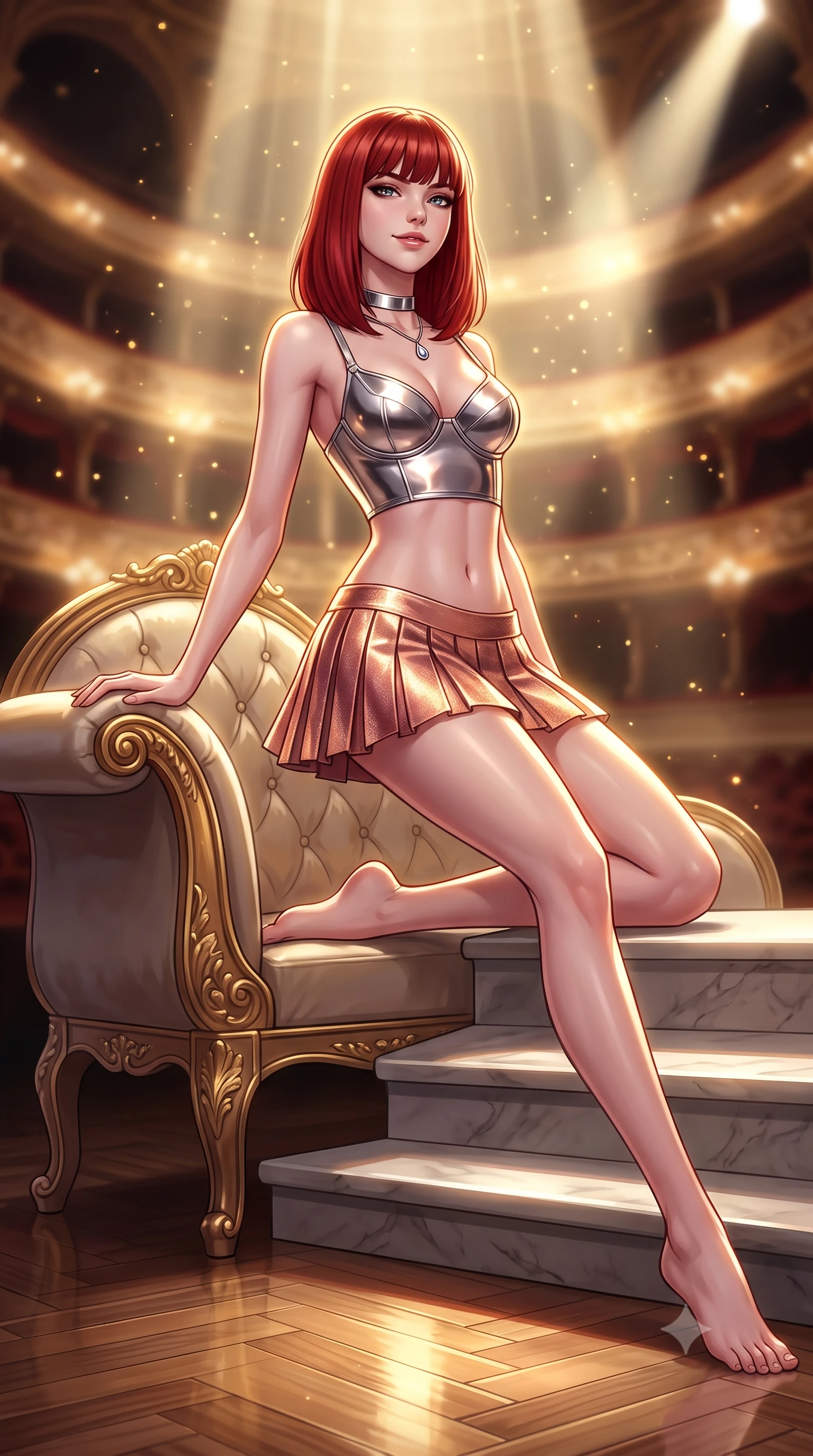 score_9, masterpiece, best quality, ultra-detailed, high-budget anime keyframe, semi-realistic 3D game render, editorial fashion photography, tasteful artistic composition, Caucasian woman. low angle full-body shot from head to toe showing her feet, filling the entire 9:16 vertical frame with her statuesque presence, stretching her vertical silhouette. sitting poised on the stone steps with one knee bent, arching her spine with supermodel elegance as she glances upward through thick eyelashes while lounging gracefully across the antique gilded chaise propped on one elbow with legs extended, displaying her long slender limbs and statuesque hourglass silhouette with regal anime flair. The background shows a soft-focus golden dust particles shimmering in spotlight beams softened in grand cyber-baroque opera house shallow focus. She has an exceptionally tall and slender model-like 8.5-heads proportion, an ultra-slim waist, a flat toned midriff, narrow delicate ribcage, and beautifully sculpted feminine hips creating a graceful, slim hourglass silhouette without any bulky heaviness, with impossibly long slender legs. sharp v-shaped jawline, high-bridge nose, intricate jewel-like sparkling eyes with depth, thick eyelashes, glossy parted lips with a natural peach sheen, bright cheerful beaming smile with an enchanting and coquettish sensual glint, exuding both youthful cute charm and seductive allure, flawlessly proportioned anatomical accuracy, strict slender model proportions, natural body alignment, perfectly sculpted long slender limbs, ultra-slim waistline, clean dynamic posture without body distortion. wearing a chrome-plated structured underwire bustier top paired with an ultra-short low-rise pleated micro mini skirt in high-gloss rose-gold and burnished copper, woven from stretch metallic lurex jersey casting radiant starlight glints across her curves, finished with a minimalist chrome choker and a single teardrop diamond pendant, the impeccably tailored cut draping gracefully along her slender figure with aristocratic poise. illuminated by polished parquet reflection bounce and sharp gold-plasma rim lights sculpting her jawline, narrow waist, and curvy hips. highly saturated vibrant anime colors, detailed shading with soft gradients, rich glossy textures, high-contrast stereoscopic depth, volumetric dynamic lighting, master piece, 9:16 ratio