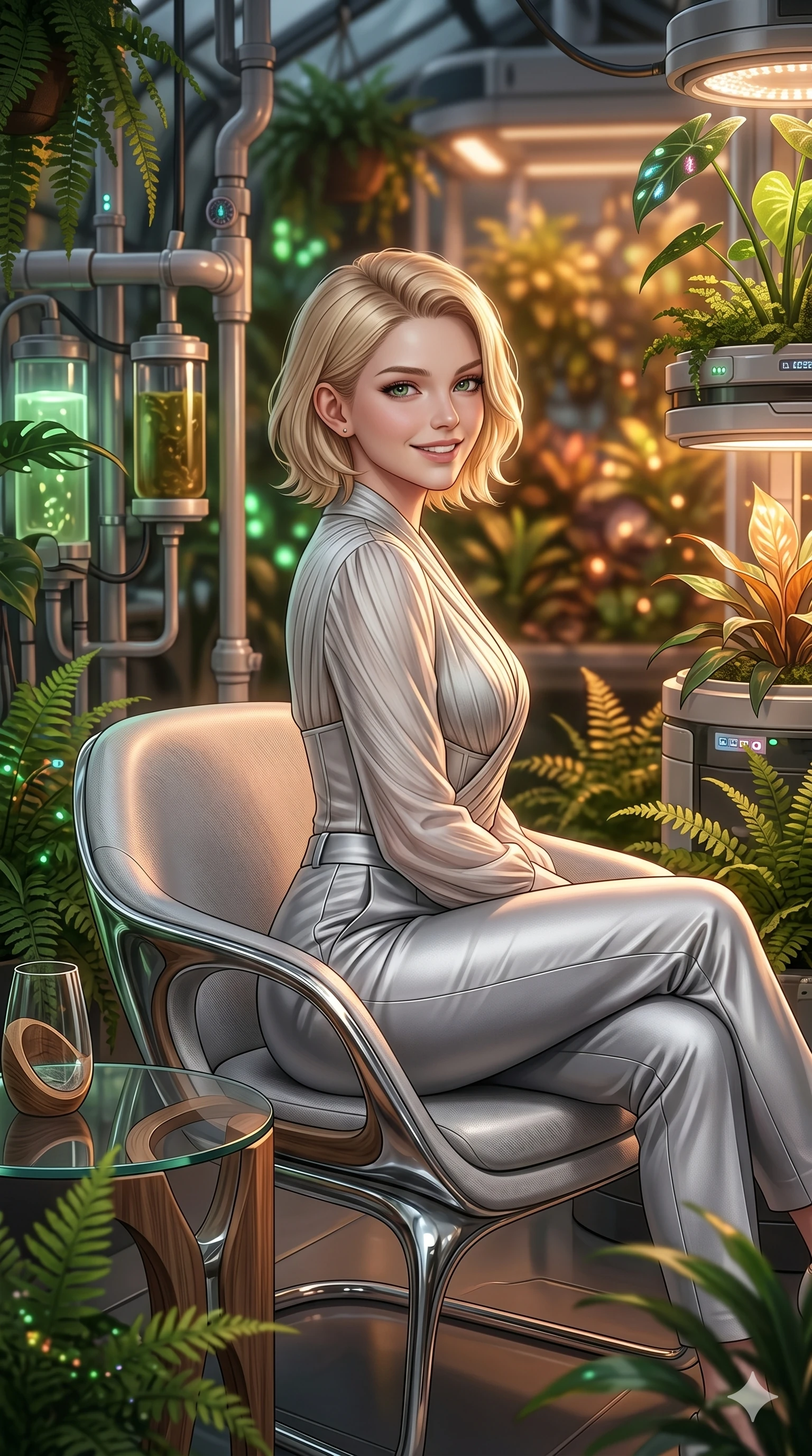score_9, masterpiece, best quality, ultra-detailed, high-budget anime keyframe, editorial fashion photography, tasteful artistic composition, Caucasian woman, strictly human ears. Upper body close-up from the thighs up, character filling the screen for maximum presence. Inside a biotech greenhouse, next to a private seating area, sitting on a modern chair, looking back with a warm, welcoming smile. She is wearing a luxurious silk-like wrap top, structured bodice, and silver trousers. The scene is bathed in soft warm ambient lights and the green glow of surrounding ferns. 2k, ultra detail, master piece, 9:16 ratio
