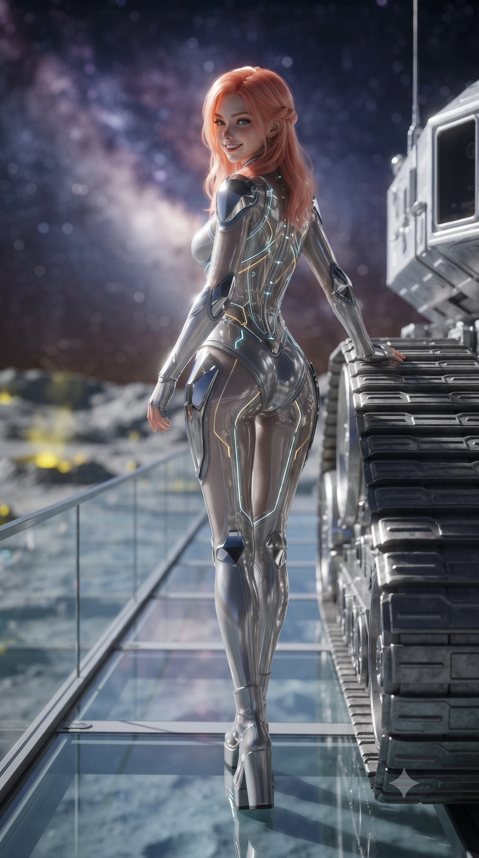score_9, masterpiece, best quality, ultra-detailed, high-budget anime keyframe, editorial fashion photography, tasteful artistic composition, Japanese woman. low angle full-body shot from head to toe showing her feet, filling the entire 9:16 vertical frame with her statuesque presence, stretching her vertical silhouette. walking slowly along the transparent glass skybridge, looking back over her shoulder with an air of effortless grace and an alluring, smoldering smile while leaning against the titanium crawler track with hips cocked back, looking over her shoulder with an enchanting, fearless smile. The background shows a soft-focus vast cratered lunar regolith and glowing sulfur vents beneath a brilliant galactic starfield blurred into starlight white, sulfur gold, and obsidian bokeh. She has an absolutely perfect, statuesque 8.5-heads proportion, an exceptionally tall and slender model-like female figure with impossibly long slender legs, an ultra-slim waist, a flat toned midriff, narrow delicate ribcage, and beautifully sculpted feminine hips creating a graceful, slim hourglass silhouette without any bulky heaviness. sharp v-shaped jawline, high-bridge nose, intricate jewel-like sparkling eyes with depth, thick eyelashes, glossy parted lips with a natural sheen, bright confident smile with an enchanting and coquettish sensual glint, exuding both youthful magnetic charm and sovereign high-tech allure, flawlessly proportioned anatomical accuracy, strict slender model proportions, natural body alignment, perfectly sculpted long slender limbs, ultra-slim waistline, clean dynamic posture without body distortion. wearing a translucent high-gloss polymer flight suit with internal luminescent wire filigree and tailored waist cinching in reflective liquid mercury and matte phantom grey, crafted from sheer technical cyber-lace reinforced with ultra-thin Kevlar threads, accented with strategically placed chrome armor plate guards covering key curves, the precision-cut side openings and low-back scoop framing her graceful spine and the sensual sweep of her slim, toned hips. illuminated by ground reflections and sharp platinum rim lights defining her slim torso, narrow waist, and curvy hips. ultra-reflective glossy finish, specular highlights, rich textural contrasts, high-contrast stereoscopic depth, volumetric dynamic lighting, 2k, ultra detail, master piece, 9:16 ratio