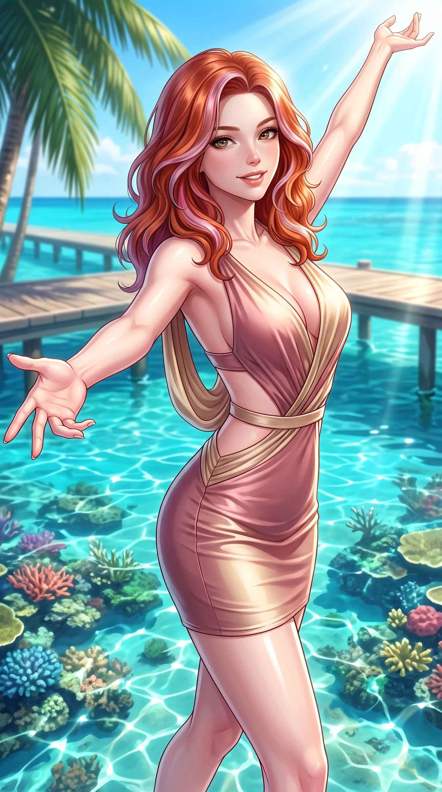 score_9, masterpiece, best quality, ultra-detailed, high-budget anime keyframe, editorial fashion photography, tasteful artistic composition, Caucasian woman. close-up cowboy shot from the waist and thighs up, the character dominates the composition, filling the frame with her large presence, background elements kept in soft focus. Extending one arm in an elegant stretch toward the sun while smiling with vibrant, magnetic self-assurance while reaching one arm out cheerfully toward the camera while walking along a palm-shaded pier, crystal-clear turquoise water revealing vibrant coral reefs shimmering beneath bright sunbeams. She has an exceptionally elegant, slender, and willowy female figure with an ultra-slim waist, a gracefully sculpted slender torso, and a refined silhouette. sharp v-shaped jawline, high-bridge nose, intricate jewel-like eyes with depth, thick eyelashes, glossy lips with a natural sheen, flawlessly proportioned anatomical accuracy, natural body alignment, perfectly sculpted elegant limbs, clean dynamic posture without body distortion. wearing a precision-fitted liquid jersey bodycon dress with a graceful draped back in dusty rose and champagne gold, crafted from lustrous satin jersey with fluid draping, featuring clean architectural cutouts along her slender torso, the elegant draped fit framing her graceful clavicle and slender torso. surrounded by a bright, pristine beach ambiance with cheerful specular highlights. ultra-reflective glossy finish, specular highlights, metallic sheen, high-contrast stereoscopic depth, volumetric dynamic lighting, 2k, ultra detail, master piece, 9:16 ratio
