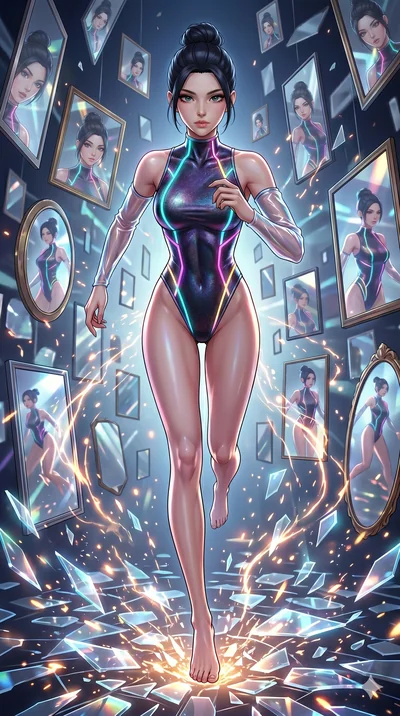 score_9, masterpiece, best quality, ultra-detailed, Set A: High-budget Anime Keyframe, Caucasian (strictly human ears) woman. Low angle cowboy shot filling the entire 9:16 frame with her statuesque presence. Sprinting through a dimension of floating 