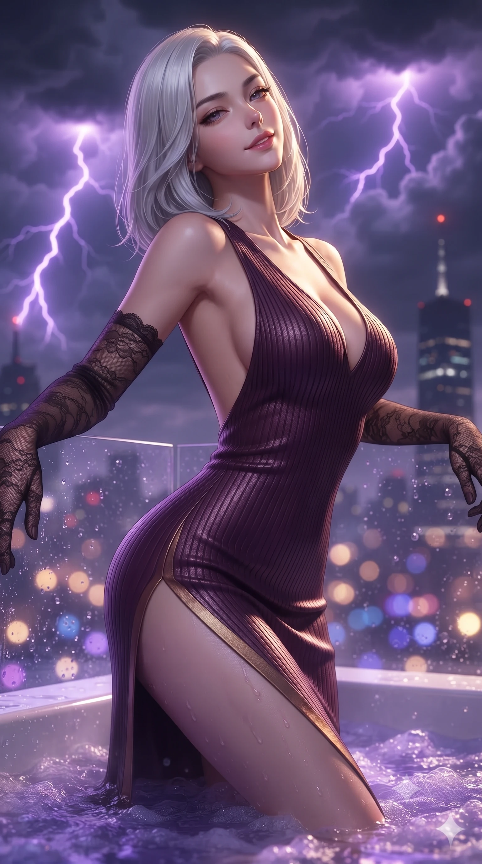 score_9, masterpiece, best quality, ultra-detailed, high-budget anime keyframe, editorial fashion photography, tasteful artistic composition, Korean woman. close-up cowboy shot from the waist and thighs up, the character dominates the composition, filling the frame with her large presence. leaning back against the balustrade with relaxed seductive grace, head tilted back slightly while casting a hypnotic, heavy-lidded gaze while leaning against the transparent jacuzzi wall with hips cocked back, looking over a bare shoulder toward lightning dancing in neon clouds. The background shows a soft-focus swirling storm clouds illuminated by purple lightning, distant skyscraper spire warning beacons, and bubbling water blurred into violet, sapphire, and gold bokeh. She has an exceptionally elegant, slender, and willowy female figure with an ultra-slim waist, flat toned midriff, narrow ribcage, and sculpted feminine hips creating an alluring, slim hourglass silhouette without bulk. sharp v-shaped jawline, high-bridge nose, sparkling eyes with hypnotic seductive depth, thick curled eyelashes, glossy parted lips with a natural dewy peach sheen, alluring bedroom-eyes with an enchanting coquettish smile, exuding magnetic siren charisma and sophisticated glamour, flawlessly proportioned anatomical accuracy, strict slender model proportions, natural body alignment, perfectly sculpted long slender limbs, ultra-slim waistline, clean dynamic posture without body distortion. wearing a plunging V-neck rib-knit sweater dress with an open-back scoop and daring side leg slit in rich dark plum violet and gilded bronze, woven from buttery-soft stretch lambskin leather adhering to her body like a second skin, complemented by sheer opera-length lace evening gloves tracing her slender arms, the high-slit wrap tailoring accentuating her ultra-slim waistline and the enchanting curve of her feminine hips with alluring seductive charm. bathed in warm 3200K underwater tub illumination paired with sudden electric purple lightning flashes from passing clouds. ultra-reflective glossy finish, specular highlights, rich textural contrasts, high-contrast stereoscopic depth, volumetric dynamic lighting, 2k, ultra detail, master piece, 9:16 ratio