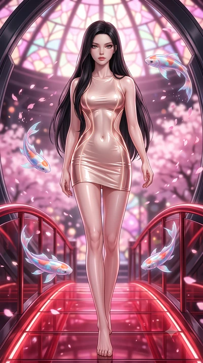 score_9, masterpiece, best quality, ultra-detailed, high-budget anime keyframe, editorial fashion photography, tasteful artistic composition, Korean woman. low angle full-body shot from head to toe showing her feet, filling the entire 9:16 vertical f