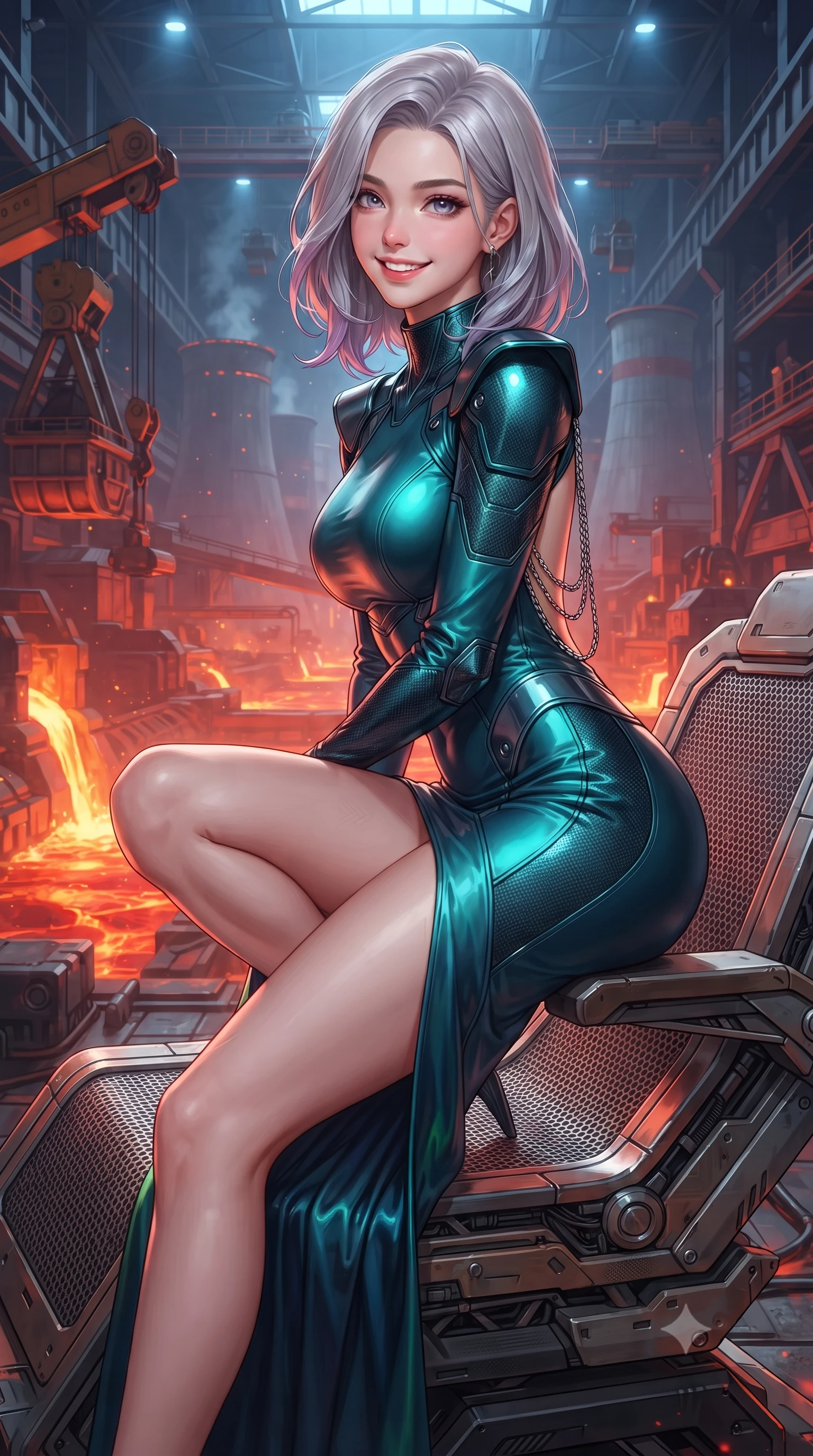 score_9, masterpiece, best quality, ultra-detailed, high-budget anime keyframe, editorial fashion photography, tasteful artistic composition, Caucasian woman. close-up cowboy shot from the waist and thighs up, the character dominates the composition, filling the frame with her large presence. perched sideways on the lounge seat, one knee drawn up to showcase her slender leg line while her arched back accentuates her feminine hip curve while twisting her slender torso in an alluring contrapposto stance beside the slag skimming crane, incandescent crimson magma light caressing her narrow waist and curvy hips. The surrounding environment is rendered in vivid detail and crisp panoramic clarity: detailed tactical officer coat tailoring, carbon-fiber armor texture, and colossal industrial metallurgy architecture in razor-sharp precision. She has an exceptionally elegant, slender, and willowy female figure with an ultra-slim waist, flat toned midriff, narrow ribcage, and sculpted feminine hips creating an alluring, slim hourglass silhouette without bulk. sharp v-shaped jawline, high-bridge nose, intricate jewel-like sparkling eyes with depth, thick eyelashes, glossy parted lips with a natural peach sheen, bright cheerful beaming smile with an enchanting and coquettish sensual glint, exuding both youthful cute charm and seductive allure, flawlessly proportioned anatomical accuracy, strict slender model proportions, natural body alignment, perfectly sculpted long slender limbs, ultra-slim waistline, clean dynamic posture without body distortion. wearing a body-hugging liquid mercury jersey combat gown with high mock neck and structured shoulder pads clinging flawlessly to her silhouette in bioluminescent emerald and abyssal sapphire, woven from buttery-soft stretch lambskin leather adhering to her body like a second skin, accented with an open-back drape framed by falling strands of delicate chrome chains, the liquid-tight tailored fabric clinging flawlessly to her narrow waist and rounded feminine hips, emphasizing every millimeter of her sculpted slim hourglass curves without any bulky heaviness. bathed in the intense warm 2000K radiant glow of molten titanium rivers contrasted with cool overhead blue safety strobes. ultra-reflective glossy finish, specular highlights, rich textural contrasts, high-contrast stereoscopic depth, volumetric dynamic lighting, 2k, ultra detail, master piece, 9:16 ratio