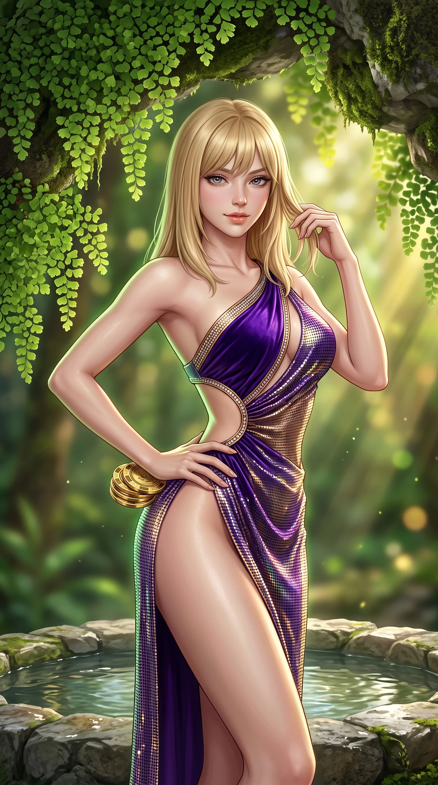 score_9, masterpiece, best quality, ultra-detailed, high-budget anime keyframe, semi-realistic 3D game render, editorial fashion photography, tasteful artistic composition, Japanese woman. close-up cowboy shot from the waist and thighs up, the character dominates the composition, filling the frame with her large presence. twisting her slender torso in an alluring contrapposto stance, one hand resting on her sculpted hip while her fingers toy with her hair with effortless poise while standing poised on the natural stone basin floor beneath cascading maidenhair ferns, arching her back with breathtaking nymph purity and allure. The background shows a soft-focus cascading maidenhair ferns, mossy limestone overhangs, and visible golden sunbeams cutting through forest air blurred into emerald, olive, and gold bokeh. She has an exceptionally elegant, slender, and willowy female figure with an ultra-slim waist, flat toned midriff, narrow ribcage, and sculpted feminine hips creating an alluring, slim hourglass silhouette without bulk. sharp v-shaped jawline, high-bridge nose, sparkling eyes with hypnotic seductive depth, thick curled eyelashes, glossy parted lips with a natural dewy peach sheen, alluring bedroom-eyes with an enchanting coquettish smile, exuding magnetic siren charisma and sophisticated glamour, flawlessly proportioned anatomical accuracy, strict slender model proportions, natural body alignment, perfectly sculpted long slender limbs, ultra-slim waistline, clean dynamic posture without body distortion. wearing an asymmetric one-shoulder liquid jersey nymph dress with dramatic hip-high slit and waist cutout in high-roller royal purple velvet and gilded bronze with crystal trims, crafted from shimmering fluid chainmail mesh reflecting ambient casino lights, accented with a stack of engraved gold casino plaques held loosely in one hand, the precision-cut side openings and low-back scoop framing her graceful spine and the sensual sweep of her slim, toned hips. illuminated by spring water bounce and sharp golden-green rim lights defining her razor-sharp jawline, narrow waist, and voluptuous hip curves. highly saturated vibrant anime colors, detailed shading with soft gradients, rich glossy textures, high-contrast stereoscopic depth, volumetric dynamic lighting, master piece, 9:16 ratio