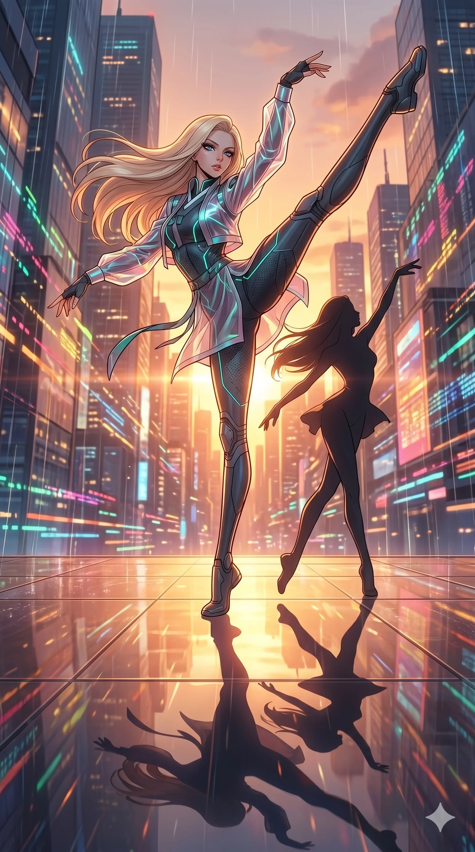 score_9, masterpiece, best quality, ultra-detailed, high-budget anime movie keyframe, cinematic anime lighting, intricate line art, Korean woman. Dynamic full-body shot stretching the vertical silhouette with extreme perspective. dancing with her own shadow which has come to life and mimics her. She has an absolutely perfect 8-heads proportion, an exceptionally tall and slender female figure with an ultra-slim waist and impossibly long slender legs. strictly human anatomy, two legs only, no extra limbs, clearly defined legs and arms, perfect anatomy, perfect hands and fingers. sharp v-shaped jawline, high-bridge nose, intricate jewel-like eyes, thick eyelashes, glossy lips. Wearing Modern Traditional: Shortened cyber-hanbok with fusion silk robes and transparent panels. The scene is illuminated by dramatic atmospheric lighting and vibrant color palettes. , 2k, ultra detail, master piece, 9:16 ratio