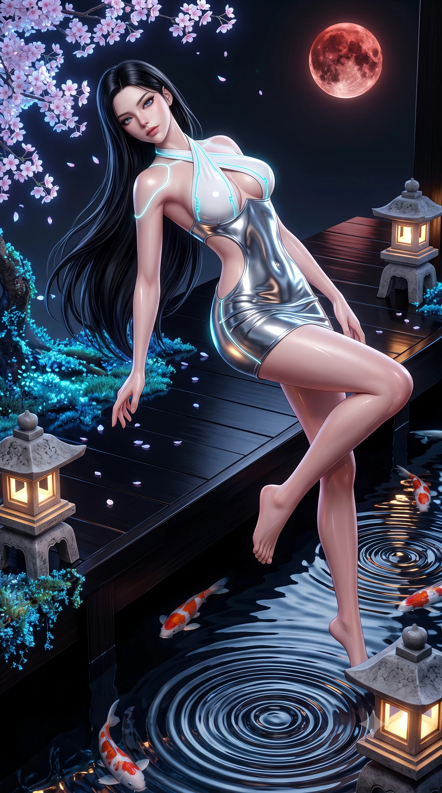 score_9, masterpiece, best quality, ultra-detailed, high-budget anime keyframe, semi-realistic 3D game render, editorial fashion photography, tasteful artistic composition, Korean woman. low angle full-body shot from head to toe showing her feet, filling the entire 9:16 vertical frame with her statuesque presence, stretching her vertical silhouette. arching her back in a fluid zero-gravity turn with sovereign grace, her long slender legs and sculpted torso creating a sweeping line while lounging along a polished black lacquer veranda as holographic cherry blossoms and blue moss glow softly. The surrounding environment is rendered in vivid detail and crisp panoramic clarity. sharp digital koi pond ripples, crisp blood moon craters, and stone lantern details in high resolution. She has an absolutely perfect, statuesque 8.5-heads proportion, an exceptionally tall and slender model-like female figure with impossibly long slender legs and an ultra-slim waist. sharp v-shaped jawline, high-bridge nose, intricate jewel-like eyes with depth, thick eyelashes, glossy lips with a natural sheen, flawlessly proportioned anatomical accuracy, natural body alignment, perfectly sculpted elegant limbs, clean dynamic posture without body distortion. wearing a molten silver liquid-metal mini dress featuring deep side-waist cutouts and a daring crossover halter neckline in pure snow white latex and glowing cyan circuit seams, crafted from ultra-reflective second-skin latex with a glass-like polish, accented with glowing fiber-optic seams tracing her collarbones and hip curves, the sleek aerodynamic cut emphasizing her magnetic presence and alluring physical grace. illuminated by soft warm lantern glow and sharp specular highlights on wet stone. highly saturated vibrant anime colors, detailed shading with soft gradients, rich glossy textures, high-contrast stereoscopic depth, volumetric dynamic lighting, master piece, 9:16 ratio
