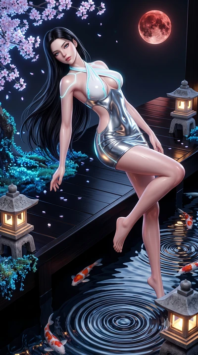 score_9, masterpiece, best quality, ultra-detailed, high-budget anime keyframe, semi-realistic 3D game render, editorial fashion photography, tasteful artistic composition, Korean woman. low angle full-body shot from head to toe showing her feet, fil