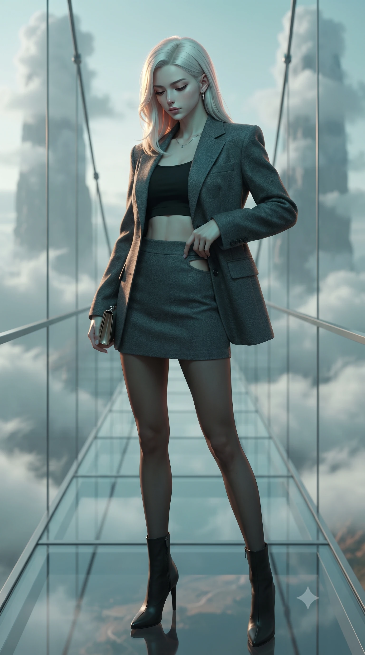 score_9, masterpiece, best quality, ultra-detailed, high-budget anime keyframe, editorial fashion photography, tasteful artistic composition, Caucasian woman, strictly human ears. close-up cowboy shot from the waist and thighs up, the character dominates the composition, filling the frame with her large presence, background elements kept in soft focus. Looking down with lowered lashes and a composed powerful expression. set against a soft-focus background of a narrow glass-walled and glass-floored bridge suspended between two cloud-piercing towers with wind-swept clouds drifting at the same altitude and nothing but sky and distant earth visible in every direction. She has an exceptionally elegant and slender, willowy female figure with an ultra-slim waist, a gracefully sculpted slender torso, and a refined slim physique. sharp v-shaped jawline, high-bridge nose, intricate jewel-like eyes with depth, thick eyelashes, glossy lips with a natural sheen. wearing a structured blazer in charcoal grey worn open over a black crop top and matching mini skirt with side cutout. warm amber rim lighting combined with cool teal fill light creating dramatic contrast. 2k, ultra detail, master piece, 9:16 ratio