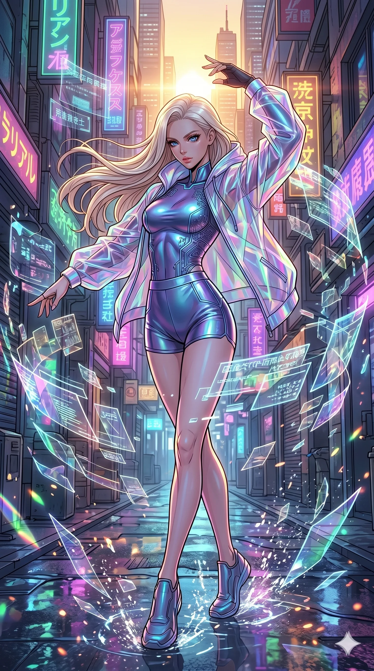 score_9, masterpiece, best quality, ultra-detailed, high-budget anime movie keyframe, cinematic anime lighting, intricate line art, Japanese woman. Medium shot of upper body capturing the intricate details of her high-fashion attire. dancing with data-shards in a neon-lit cyberpunk alleyway during a golden sunset. She has an absolutely perfect 8-heads proportion, an exceptionally tall and slender female figure with an ultra-slim waist and impossibly long slender legs. sharp v-shaped jawline, high-bridge nose, intricate jewel-like eyes, thick eyelashes, glossy lips. Wearing premium athleisure set with a metallic-finish compression top, high-cut yoga shorts that accentuate her long legs, and a sheer oversized hoodie. The scene is illuminated by dramatic atmospheric lighting and vibrant color palettes. , 2k, ultra detail, master piece, 9:16 ratio