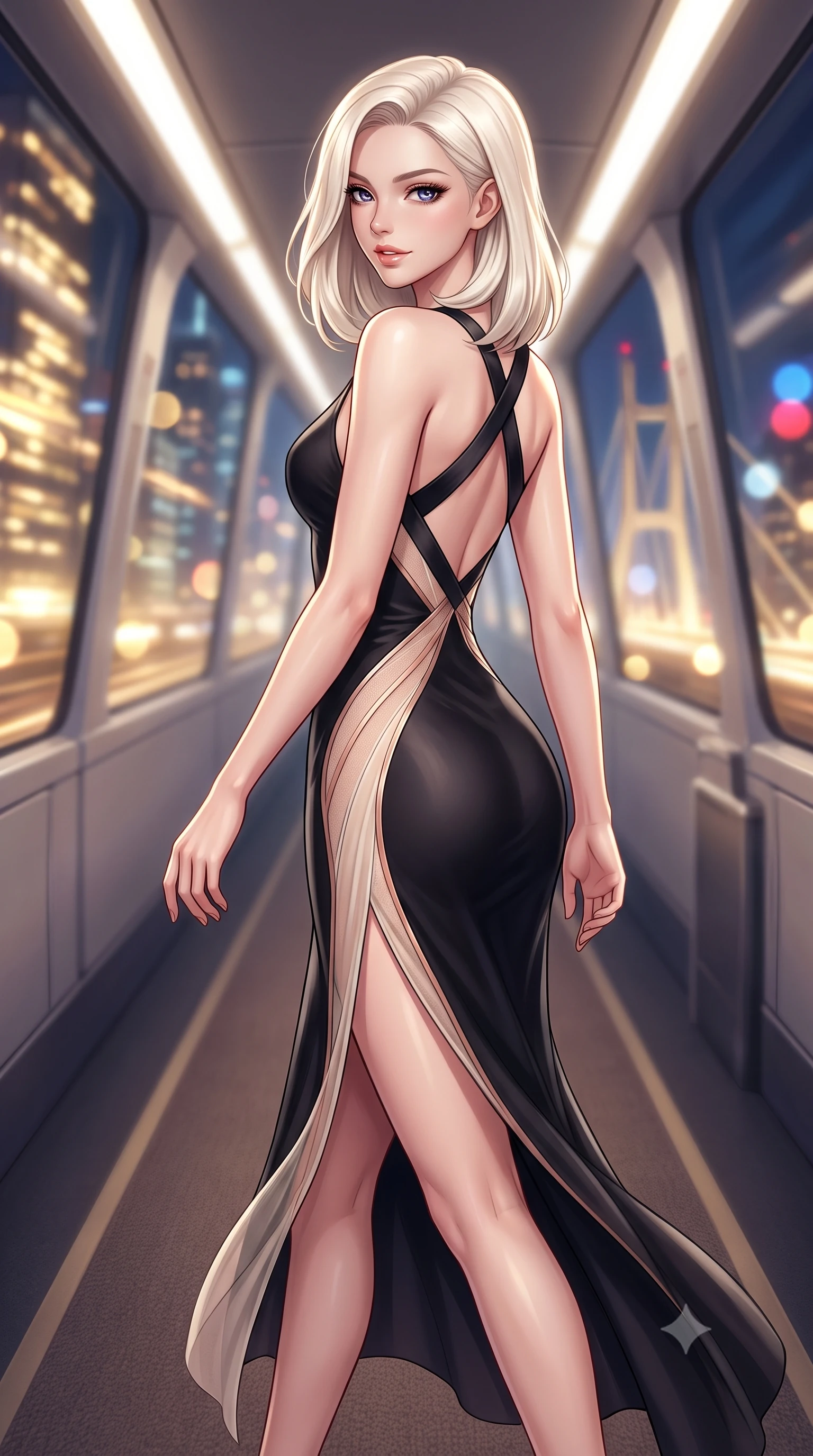 score_9, masterpiece, best quality, ultra-detailed, high-budget anime keyframe, semi-realistic 3D game render, editorial fashion photography, tasteful artistic composition, Caucasian woman. close-up cowboy shot from the waist and thighs up, the character dominates the composition, filling the frame with her large presence. turning over a bare shoulder with an intoxicating, teasing smile, her soft hair framing her sharp jawline as her hips angle gracefully while striding down the carpeted maglev aisle with sovereign poise, her tailored high-slit dress fluttering to reveal her long legs. The composition keeps background elements in soft focus with creamy bokeh. blazing skyscraper light trails and suspension transit pylons blurred into golden champagne, sapphire, and ruby bokeh. She has an exceptionally elegant, slender, and willowy female figure with an ultra-slim waist, flat toned midriff, narrow ribcage, and sculpted feminine hips creating an alluring, slim hourglass silhouette without bulk. sharp v-shaped jawline, high-bridge nose, intricate jewel-like eyes with depth, thick eyelashes, glossy parted lips with a natural sheen, intensely captivating and seductive bedroom-eyes expression, flawlessly proportioned anatomical accuracy, strict slender model proportions, natural body alignment, perfectly sculpted long slender limbs, ultra-slim waistline, clean dynamic posture without body distortion. wearing a second-skin black silk jersey maxi dress with asymmetrical sheer mesh side panels tracing the full curve of her hip in vintage champagne ivory and delicate rose gold, woven from layered gossamer chiffon with a weightless sweeping drape, finished with criss-cross back satin straps highlighting her graceful shoulder blades, the form-contouring material adhering flawlessly to her sculpted flat midriff and slender torso, emphasizing her long leg lines and perfectly proportioned willowy build. illuminated by sleek metallic specular reflections carving her narrow waistline and curvy hips. highly saturated vibrant anime colors, detailed shading with soft gradients, rich glossy textures, high-contrast stereoscopic depth, volumetric dynamic lighting, master piece, 9:16 ratio