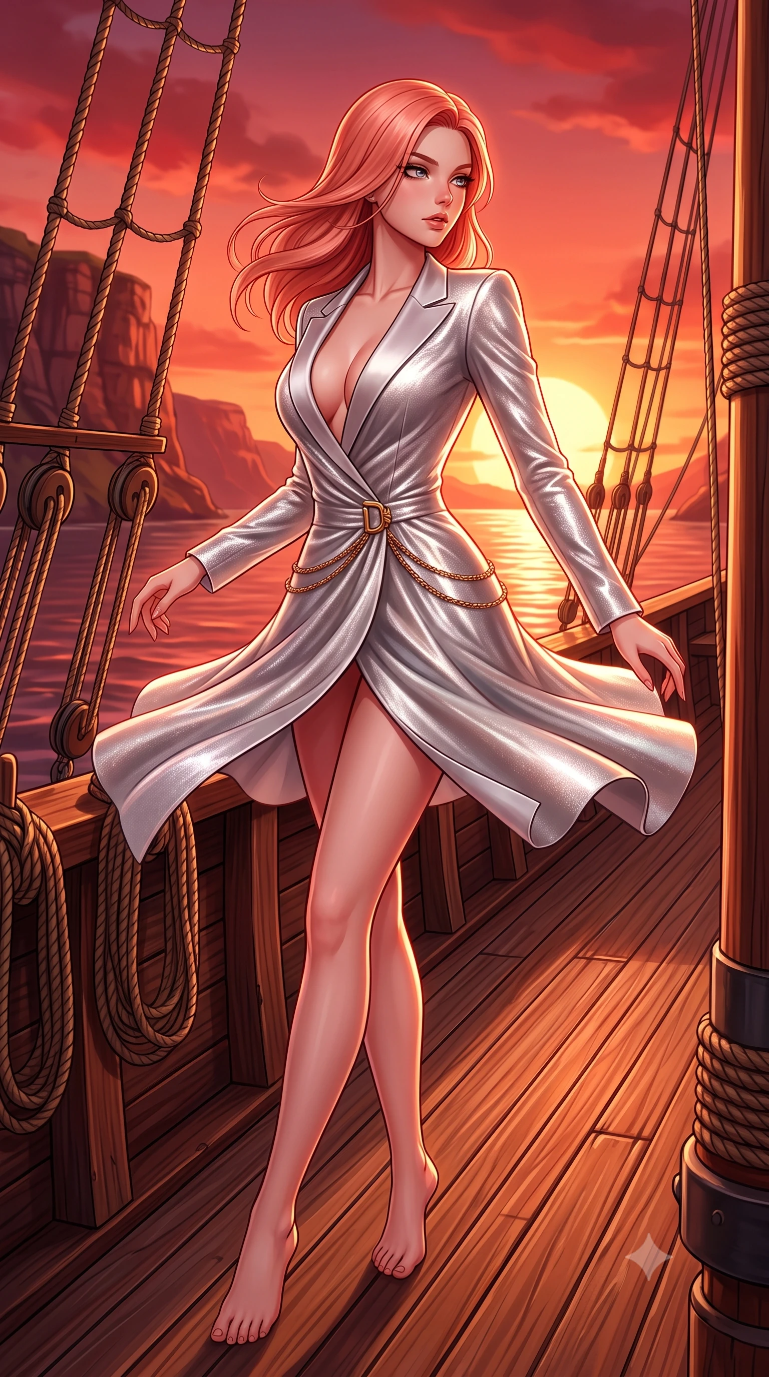 score_9, masterpiece, best quality, ultra-detailed, high-budget anime keyframe, semi-realistic 3D game render, editorial fashion photography, tasteful artistic composition, Japanese woman. low angle full-body shot from head to toe showing her feet, filling the entire 9:16 vertical frame with her statuesque presence, stretching her vertical silhouette. executing an elegant mid-motion pivot turn as garments swirl around her slender limbs, glancing over her shoulder with an intoxicating bedroom-gaze while perching sideways on the ship's rail with hips tilted in an alluring contrapposto stance, casting a smoldering gaze toward the setting sun. The surrounding environment is rendered in vivid detail and crisp panoramic clarity. sharp teak ship deck caulking, nautical rope rigging, and fjord sandstone strata in deep focus. She has an exceptionally tall and slender model-like 8.5-heads proportion, an ultra-slim waist, a flat toned midriff, narrow delicate ribcage, and beautifully sculpted feminine hips creating a graceful, slim hourglass silhouette without any bulky heaviness, with impossibly long slender legs. sharp v-shaped jawline, high-bridge nose, intricate jewel-like eyes with depth, thick eyelashes, glossy parted lips with a natural sheen, intensely captivating and seductive bedroom-eyes expression, flawlessly proportioned anatomical accuracy, strict slender model proportions, natural body alignment, perfectly sculpted long slender limbs, ultra-slim waistline, clean dynamic posture without body distortion. wearing a tailored velvet tuxedo jacket dress with satin lapels, worn with a deep plunge neckline and gold hip buckle in shimmering silver mercury and pearl white, crafted from luxurious metallic lamé that shifts radiance with every step, accented with a delicate gold chain belt resting loosely on her curvy hips, the second-skin form-contouring cut accentuating her sculpted flat midriff, narrow delicate ribcage, and gracefully curvy hips with supermodel precision. bathed in blazing crimson and copper sunset backlighting and warm water surface bounce fill. highly saturated vibrant anime colors, detailed shading with soft gradients, rich glossy textures, high-contrast stereoscopic depth, volumetric dynamic lighting, master piece, 9:16 ratio