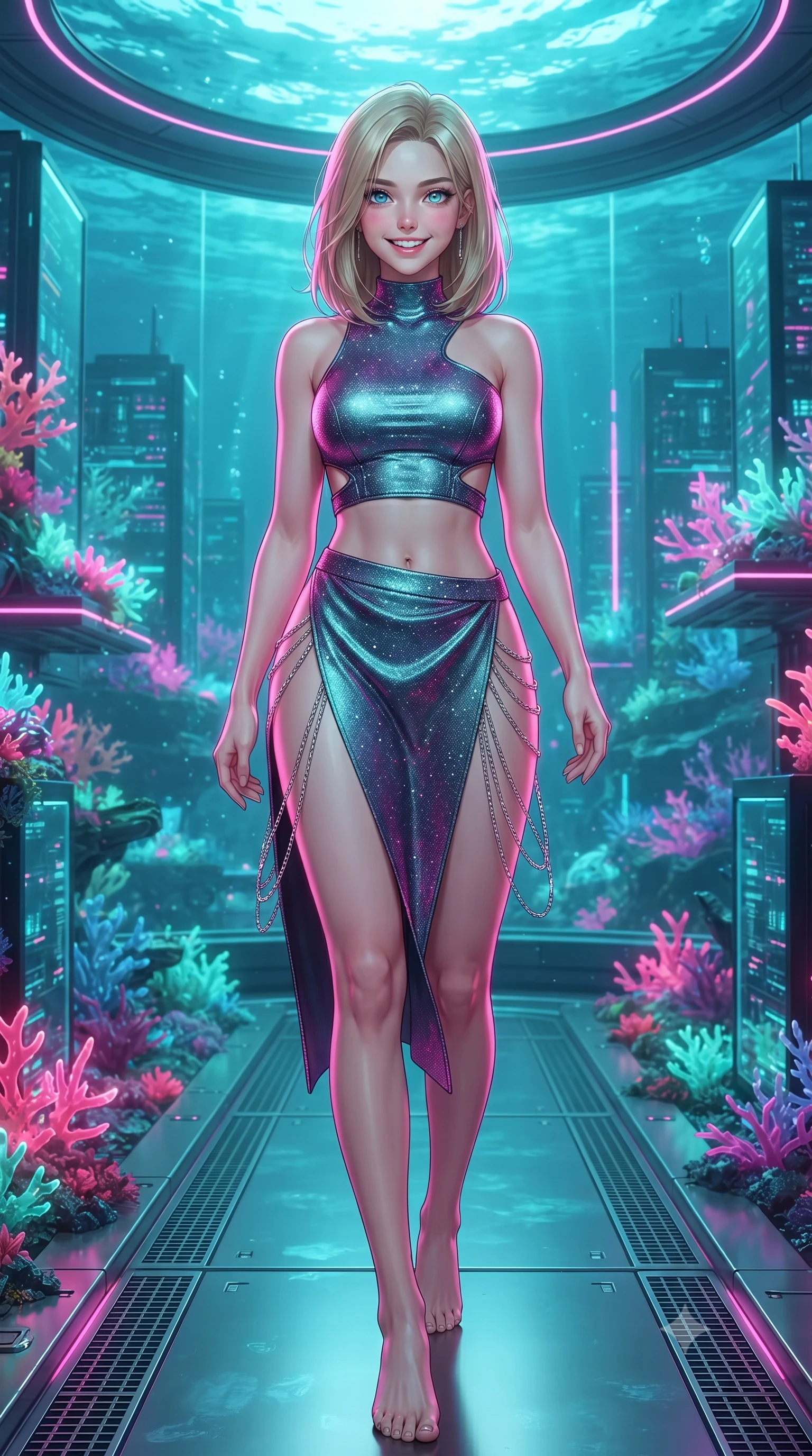 score_9, masterpiece, best quality, ultra-detailed, high-budget anime keyframe, editorial fashion photography, tasteful artistic composition, Korean woman. low angle full-body shot from head to toe showing her feet, filling the entire 9:16 vertical frame with her statuesque presence, stretching her vertical silhouette. stepping slowly toward the camera with hypnotic grace, hips swaying in an alluring sensual rhythm that accentuates her curvy hourglass silhouette and long slender legs while standing poised on the underwater titanium walkway where fluorescent neon corals grow over glowing server monoliths, arching her lower back with magnetic siren charisma. The surrounding environment is rendered in vivid detail and crisp panoramic clarity: detailed outfit textures, second-skin fit, and futuristic eco-cybernetic architecture in high resolution. She has an exceptionally tall and slender model-like 8.5-heads proportion, an ultra-slim waist, a flat toned midriff, narrow delicate ribcage, and beautifully sculpted feminine hips creating a graceful, slim hourglass silhouette without any bulky heaviness, with impossibly long slender legs. sharp v-shaped jawline, high-bridge nose, intricate jewel-like sparkling eyes with depth, thick eyelashes, glossy parted lips with a natural peach sheen, bright cheerful beaming smile with an enchanting and coquettish sensual glint, exuding both youthful cute charm and seductive allure, flawlessly proportioned anatomical accuracy, strict slender model proportions, natural body alignment, perfectly sculpted long slender limbs, ultra-slim waistline, clean dynamic posture without body distortion. wearing an alluring tactical crop top with asymmetrical side-rib cutouts and high-neck collar paired with a high-slit wrap skirt in Kowloon neon magenta and electric teal, woven from stretch metallic lurex jersey casting radiant starlight glints across her curves, accented with an open-back drape framed by falling strands of delicate chrome chains, the precision-cut side openings and low-back scoop framing her graceful spine and the sensual sweep of her slim, toned hips. illuminated by turquoise water reflection bounce and sharp neon-pink rim lights defining her jawline, narrow waist, and curvy hips. ultra-reflective glossy finish, specular highlights, rich textural contrasts, high-contrast stereoscopic depth, volumetric dynamic lighting, 2k, ultra detail, master piece, 9:16 ratio