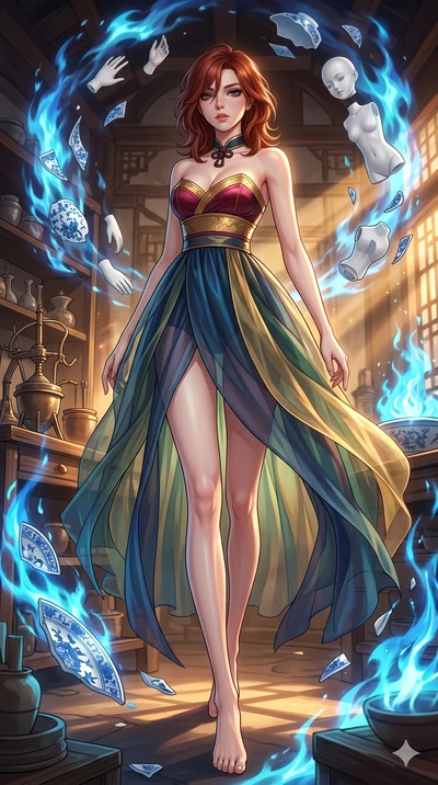 score_9, masterpiece, best quality, ultra-detailed, high-budget anime keyframe, Japanese woman. low angle full-body shot filling the entire 9:16 frame with her statuesque presence, stretching the vertical silhouette. assisting in an alchemical porcel