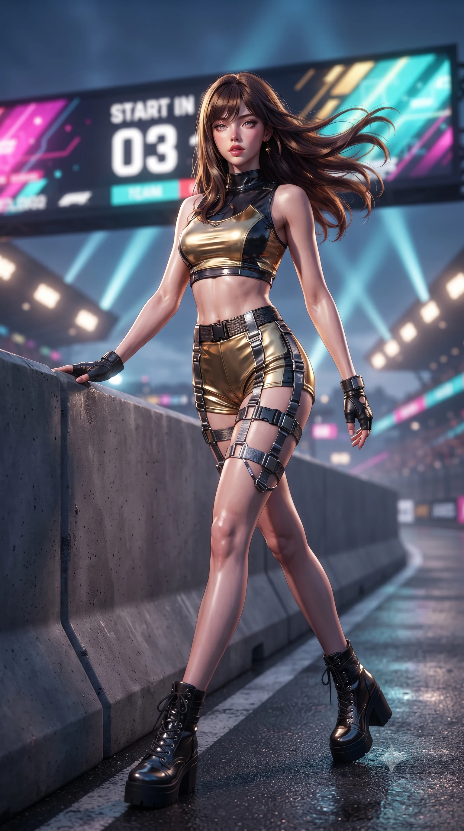 score_9, masterpiece, best quality, ultra-detailed, high-budget anime keyframe, editorial fashion photography, tasteful artistic composition, Korean woman. low angle full-body shot from head to toe showing her feet, filling the entire 9:16 vertical frame with her statuesque presence, stretching her vertical silhouette. striding forward in a proud, dynamic supermodel runway stride, hips swaying in an alluring kinetic rhythm that stretches her silhouette while leaning against a heavy track barrier, tossing her hair over one shoulder as wind whips the racing circuit banners. The composition keeps background elements in soft focus with creamy bokeh. giant LED jumbotron race countdown graphics and sweeping searchlights blurred into electric magenta, turquoise, and gold bokeh. She has an absolutely perfect, statuesque 8.5-heads proportion, an exceptionally tall and slender model-like female figure with impossibly long slender legs, a toned flat midriff, and an ultra-slim waist. sharp v-shaped jawline, high-bridge nose, intricate jewel-like eyes with depth, thick eyelashes, glossy parted lips with a natural sheen, intensely captivating and seductive expression, flawlessly proportioned anatomical accuracy, strict slender model proportions, natural body alignment, perfectly sculpted long slender limbs, ultra-slim waistline, clean dynamic posture without body distortion. wearing a metallic leather crop tank with high-waist track shorts and tactical leg harness straps in metallic liquid gold and obsidian black, crafted from flexible reflective spandex and heavy tactical webbing, accessorized with bold platform racing boots and fingerless leather gloves, the glove-like aerodynamic second-skin fit tightly clinging to her ultra-slender waist and athletic curves without adding bulk, accentuating her razor-sharp statuesque lines and slim hourglass silhouette. surrounded by an adrenaline-fueled, audacious, and wildly charismatic drift idol aura. ultra-reflective glossy finish, specular highlights, rich textural contrasts, high-contrast stereoscopic depth, volumetric dynamic lighting, 2k, ultra detail, master piece, 9:16 ratio
