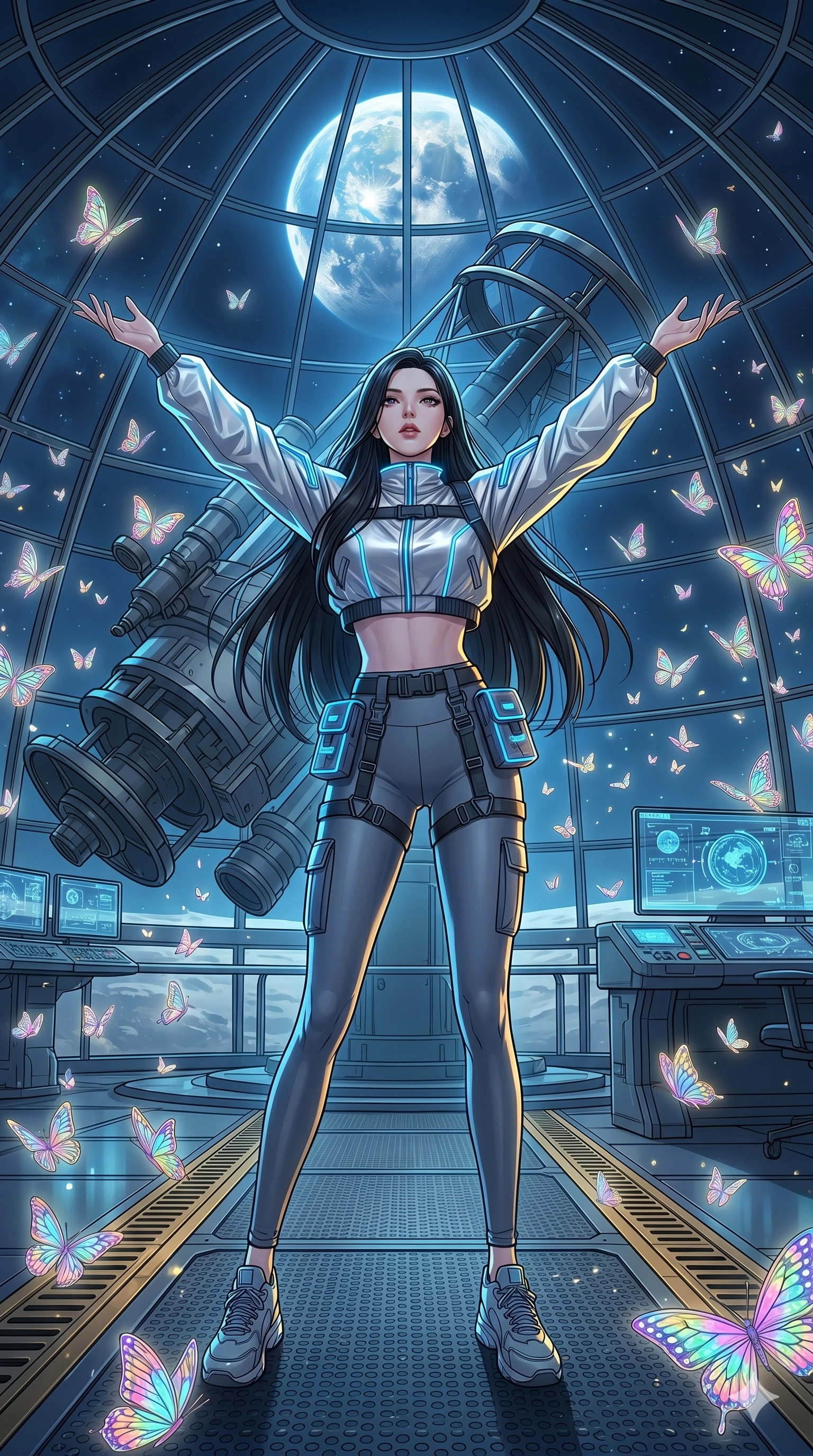 score_9, masterpiece, best quality, ultra-detailed, high-budget anime movie keyframe, cinematic anime lighting, intricate line art, Korean woman. Dynamic full-body shot stretching the vertical silhouette across the 9:16 frame. standing victoriously in a lunar observatory surrounded by glowing butterflies. She has an absolutely perfect 8-heads proportion, an exceptionally tall and slender female figure with an ultra-slim waist and impossibly long slender legs. sharp v-shaped jawline, high-bridge nose, intricate jewel-like eyes, thick eyelashes, glossy lips. Wearing modern urban tech-wear ensemble with a cropped reflective bomber jacket, ultra-slim high-waisted cargo leggings, and tactical harness with neon-lit pouches. The scene is illuminated by dramatic atmospheric lighting and vibrant color palettes. , 2k, ultra detail, master piece, 9:16 ratio