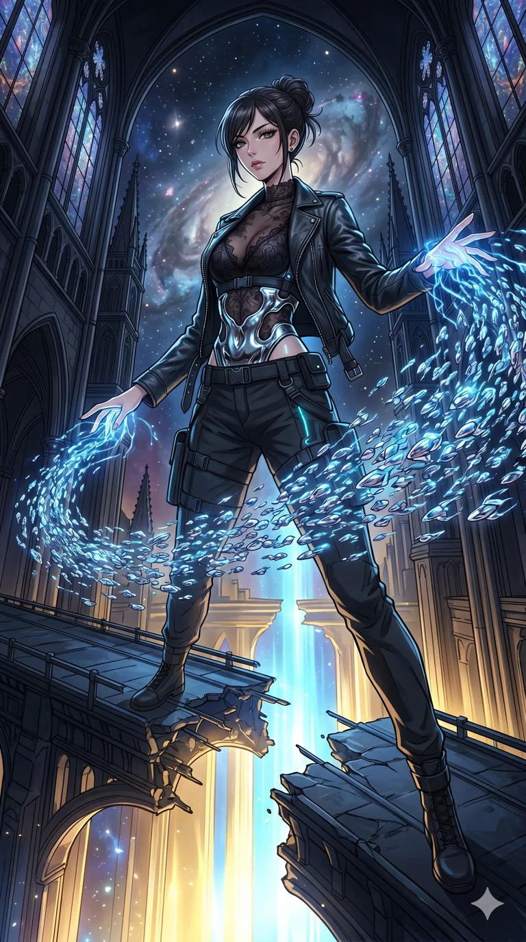 score_9, masterpiece, best quality, ultra-detailed, High-budget Anime Keyframe, vibrant colors, fluid line-art, expressive lighting, cinematic composition, Ufotable-style visual effects, top-tier animation quality, Japanese woman with delicate and elegant anime-inspired features. Wide-angle low shot emphasizing her impossibly long slender legs and commanding stature. Orchestrating a storm of trillions of nanobots to repair a massive broken bridge over a canyon of light. She has an absolutely perfect 8-heads proportion, an exceptionally tall and slender female figure with impossibly long slender legs and an ultra-slim waist, her statuesque height and towering silhouette dominating the vertical 9:16 frame. Her face is a masterpiece featuring a sharp v-shaped jawline, high-bridge nose, intricate jewel-like eyes with depth, thick eyelashes, and glossy lips with a natural sheen. She is wearing a Unzipped deeply leather jacket over a delicate sheer lace bra and a high-waisted harness crafted from Molten liquid mercury that flows and reflects the environment with metallic perfection, with integrated neon-lit tactical gear and suggestive cutouts on the thighs. The scene is set in a majestic gothic cathedral in deep space with massive windows overlooking a swirling nebula, illuminated by harsh neon light and deep shadows creating a high-contrast noir aesthetic. 2k, ultra detail, master piece, 9:16 ratio