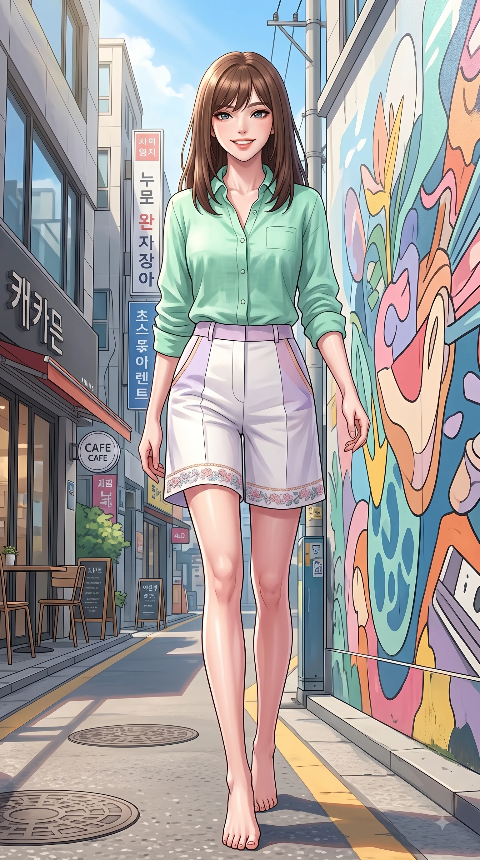 score_9, masterpiece, best quality, ultra-detailed, high-budget anime keyframe, editorial fashion photography, tasteful artistic composition, Korean woman. low angle full-body shot from head to toe showing her feet, filling the entire 9:16 vertical frame with her statuesque presence, stretching her vertical silhouette. walking forward in a proud dynamic stride with a cheerful beaming smile, her vertical silhouette filling the frame while pausing gracefully near a stylish street art mural on a sunny afternoon with a confident cute smile. The surrounding environment is rendered in vivid detail and crisp panoramic clarity. crisp sunlight highlights filtering between stylish Seongsu boutiques and modern cafes. She has an absolutely perfect, statuesque 8.5-heads proportion, an exceptionally tall and slender model-like female figure with impossibly long slender legs and an ultra-slim waist. sharp v-shaped jawline, high-bridge nose, intricate jewel-like eyes with depth, thick eyelashes, glossy lips with a natural sheen, flawlessly proportioned anatomical accuracy, natural body alignment, perfectly sculpted elegant limbs, clean dynamic posture without body distortion. wearing a fresh mint green linen button-down shirt paired with tailored white Bermuda shorts in pastel lilac and soft rose gold, knitted from soft cozy cashmere yarn, complemented by delicate embroidered floral trim along the hem, the soft airy drape swaying gracefully with her dynamic movements. illuminated by crisp clear afternoon key light and vibrant street highlights. highly saturated vibrant anime colors, detailed shading with soft gradients, rich glossy textures, high-contrast stereoscopic depth, volumetric dynamic lighting, master piece, 9:16 ratio