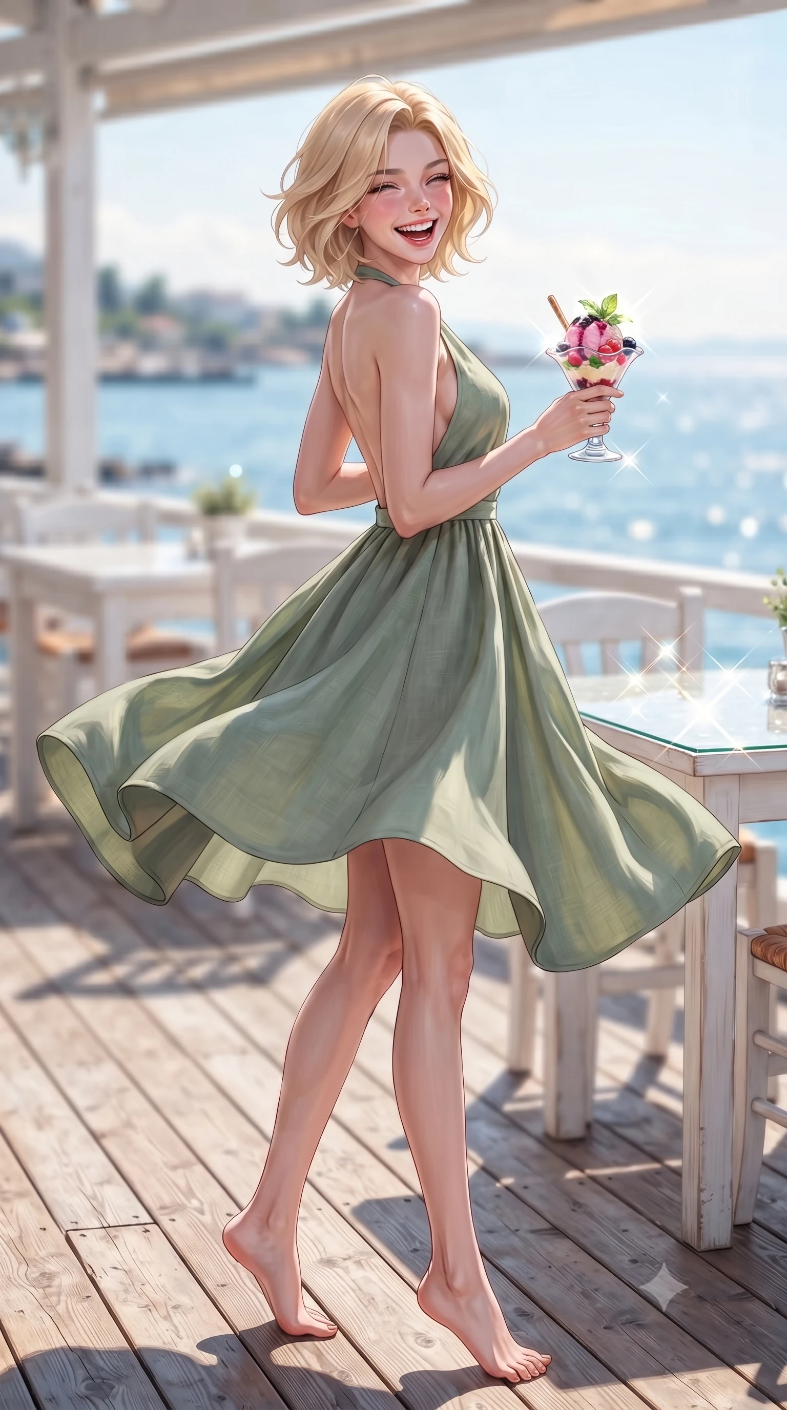 score_9, masterpiece, best quality, ultra-detailed, high-budget anime keyframe, editorial fashion photography, tasteful artistic composition, Caucasian woman. low angle full-body shot from head to toe showing her feet, filling the entire 9:16 vertical frame with her statuesque presence, stretching her vertical silhouette. twirling around with a playful, cute laugh, her skirt billowing beautifully in the air set against a soft-focus background of at a seaside cafe deck with white wooden tables and views of the blue water holding a colorful ice cream coupe with fresh berries and mint. She has an absolutely perfect, statuesque 8.5-heads proportion, an exceptionally tall and slender model-like female figure with impossibly long slender legs and an ultra-slim waist. sharp v-shaped jawline, high-bridge nose, intricate jewel-like eyes with depth, thick eyelashes, glossy lips with a natural sheen. wearing tailored backless linen halter dress in sage green, showing her elegant shoulder lines. bright daylight reflecting off the glass table and creating sparkling glints. highly saturated vibrant anime colors, detailed shading with soft gradients, rich glossy textures, high-contrast stereoscopic depth, volumetric dynamic lighting, master piece, 9:16 ratio