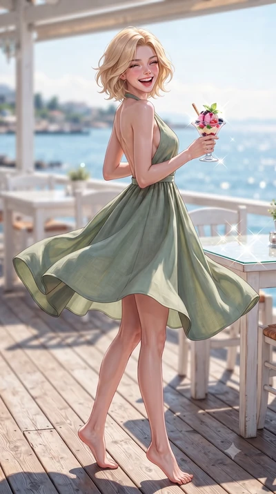 score_9, masterpiece, best quality, ultra-detailed, high-budget anime keyframe, editorial fashion photography, tasteful artistic composition, Caucasian woman. low angle full-body shot from head to toe showing her feet, filling the entire 9:16 vertica