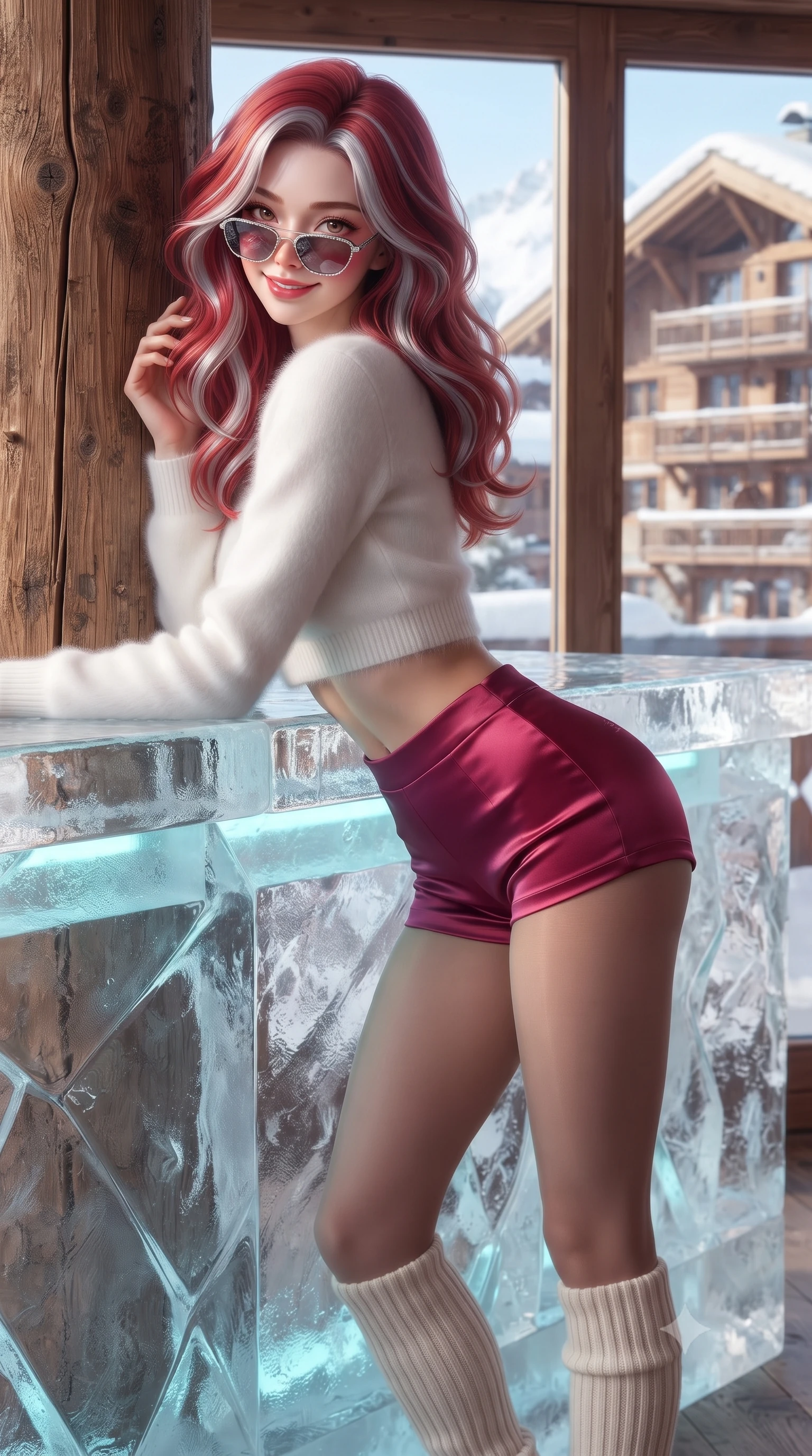 score_9, masterpiece, best quality, ultra-detailed, high-budget anime keyframe, editorial fashion photography, tasteful artistic composition, Caucasian woman. close-up cowboy shot from the waist and thighs up, the character dominates the composition, filling the frame with her large presence. leaning back against the cedar log pillar with relaxed seductive grace, her flat midriff and narrow waist highlighted as winter sunlight traces her curves while leaning over the hand-carved crystalline ice bar counter with hips cocked back, arching her back with an intoxicating, glamorous smoldering smile. The surrounding environment is rendered in vivid detail and crisp panoramic clarity. detailed thermal ski suit sheen, diamond sunglasses reflection, and French luxury ski resort architecture in high clarity. She has an exceptionally elegant, slender, and willowy female figure with an ultra-slim waist, flat toned midriff, narrow ribcage, and sculpted feminine hips creating an alluring, slim hourglass silhouette without bulk. sharp v-shaped jawline, high-bridge nose, sparkling ice-crystal eyes with depth, frosty thick lashes, glossy parted lips with a rosy berry sheen, bright playful smile with an intoxicating seductive glint, rosy flushed cheeks radiating cozy warmth and dangerous allure, flawlessly proportioned anatomical accuracy, strict slender model proportions, natural body alignment, perfectly sculpted long slender limbs, ultra-slim waistline, clean dynamic posture without body distortion. wearing a chic white angora cropped sweater paired with tight high-waisted tailored shorts and sheer tights in rich winter berry crimson and snow white, made of smooth fluid heavy silk satin with an icy mirror-like sheen, complemented by cozy ribbed wool knee-high leg warmers accentuating her slender legs, the glove-like silhouette tightly following the natural contour of her hips and long slender legs with youthful 8.5-heads elegance. bathed in dazzling high-altitude alpine sunlight and subtle cyan ice-bar underlighting. ultra-reflective glossy finish, specular highlights, rich textural contrasts, high-contrast stereoscopic depth, volumetric dynamic lighting, 2k, ultra detail, master piece, 9:16 ratio