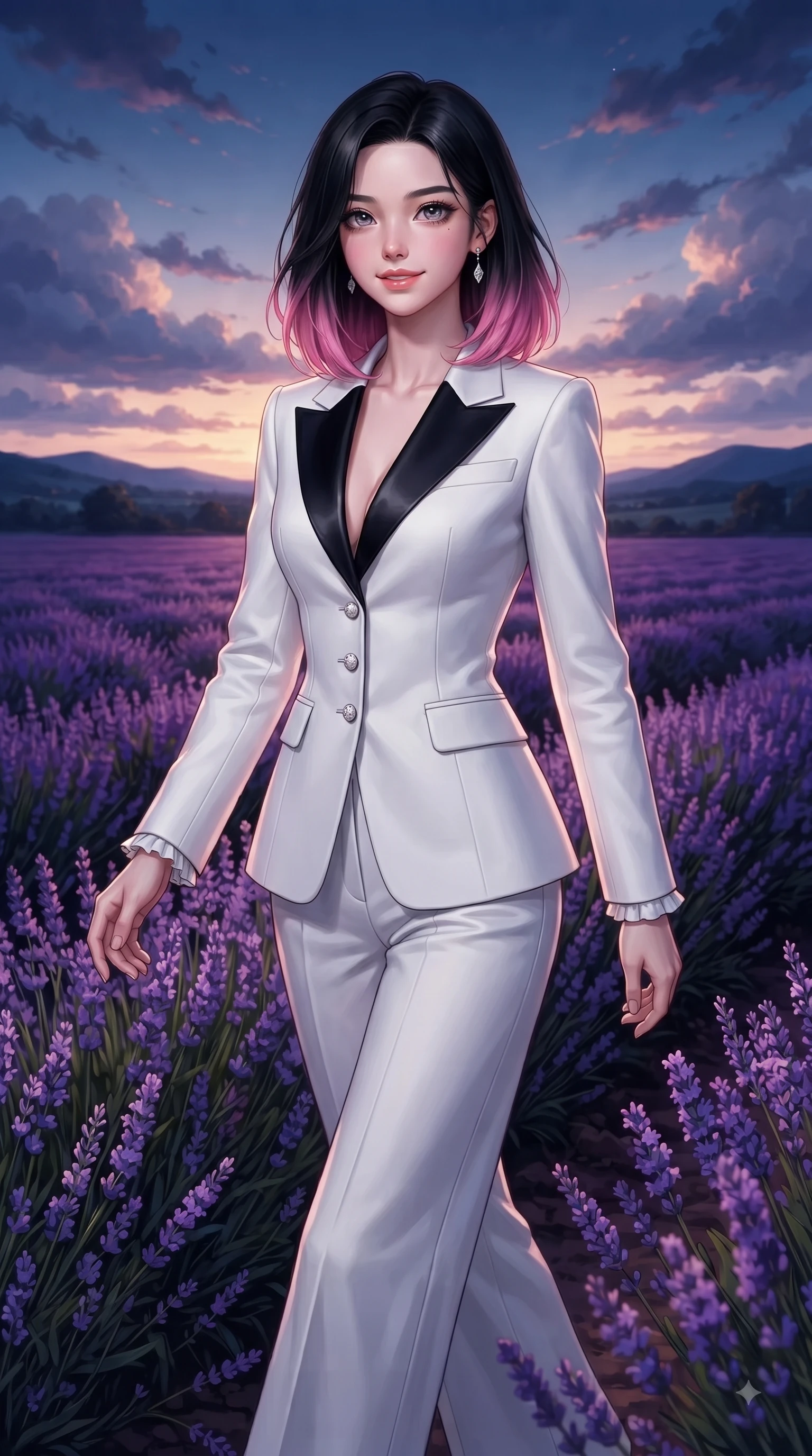 score_9, masterpiece, best quality, ultra-detailed, high-budget anime keyframe, editorial fashion photography, tasteful artistic composition, Korean woman. close-up cowboy shot from the waist and thighs up, the character dominates the composition, filling the frame with her large presence. Pure innocent expression with clear crystalline eyes, a gentle tender smile, and an airy serene aura while walking gracefully through an endless field of blooming purple lavender under a twilight sky. The surrounding environment is rendered in vivid detail and crisp panoramic clarity. intricate floral stem textures, dramatic sunset sky clouds, and distant rolling hills in deep focus. She has an exceptionally elegant, slender, and willowy female figure with an ultra-slim waist, a gracefully sculpted slender torso, and a refined silhouette. sharp v-shaped jawline, high-bridge nose, intricate jewel-like eyes with depth, thick eyelashes, glossy lips with a natural sheen, flawlessly proportioned anatomical accuracy, natural body alignment, perfectly sculpted elegant limbs, clean dynamic posture without body distortion. wearing a crisp monochrome white tailored suit jacket paired with wide-leg trousers in monochrome white and glossy black contrast, tailored from structured wool crepe with clean lines, accented with delicate pearl buttons and refined ruffle trims, the chic fashion cut framing her graceful clavicle and slender torso. surrounded by a romantic, dreamy, and painterly nature editorial atmosphere. ultra-reflective glossy finish, specular highlights, metallic sheen, high-contrast stereoscopic depth, volumetric dynamic lighting, 2k, ultra detail, master piece, 9:16 ratio