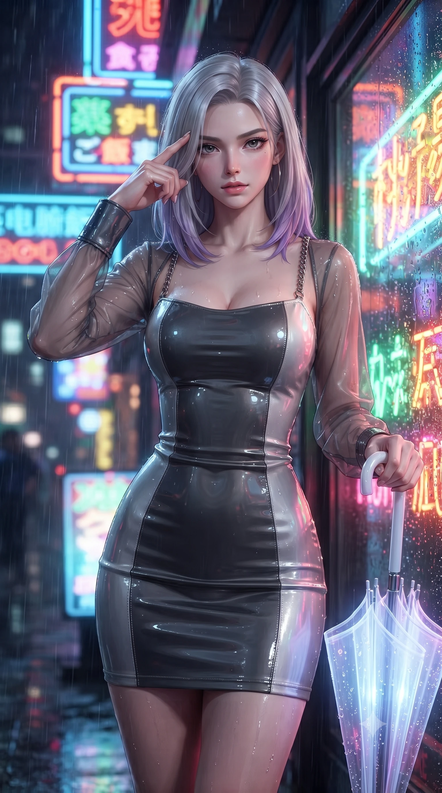 score_9, masterpiece, best quality, ultra-detailed, high-budget anime keyframe, editorial fashion photography, tasteful artistic composition, Caucasian woman. close-up cowboy shot from the waist and thighs up, the character dominates the composition, filling the frame with her large presence, background elements kept in soft focus. Pressing two fingers to her temple in a composed thoughtful gesture with an air of magnetic charisma holding a glowing translucent umbrella under vibrant neon street signs at night, rain droplets glistening on the glass window with colorful neon reflections. She has an exceptionally elegant, slender, and willowy female figure with an ultra-slim waist, a gracefully sculpted slender torso, and a refined silhouette. sharp v-shaped jawline, high-bridge nose, intricate jewel-like eyes with depth, thick eyelashes, glossy lips with a natural sheen. wearing a sleek bodycon knit dress with sheer organza sleeve panels in charcoal grey and platinum, tailored from high-gloss patent leather, adorned with delicate metallic chain straps along the neckline, the tailored fabric tightly following every curve of her athletic build. drenched in wet neon reflections with brilliant specular highlights on her silhouette. ultra-reflective glossy finish, specular highlights, metallic sheen, high-contrast stereoscopic depth, volumetric dynamic lighting, 2k, ultra detail, master piece, 9:16 ratio