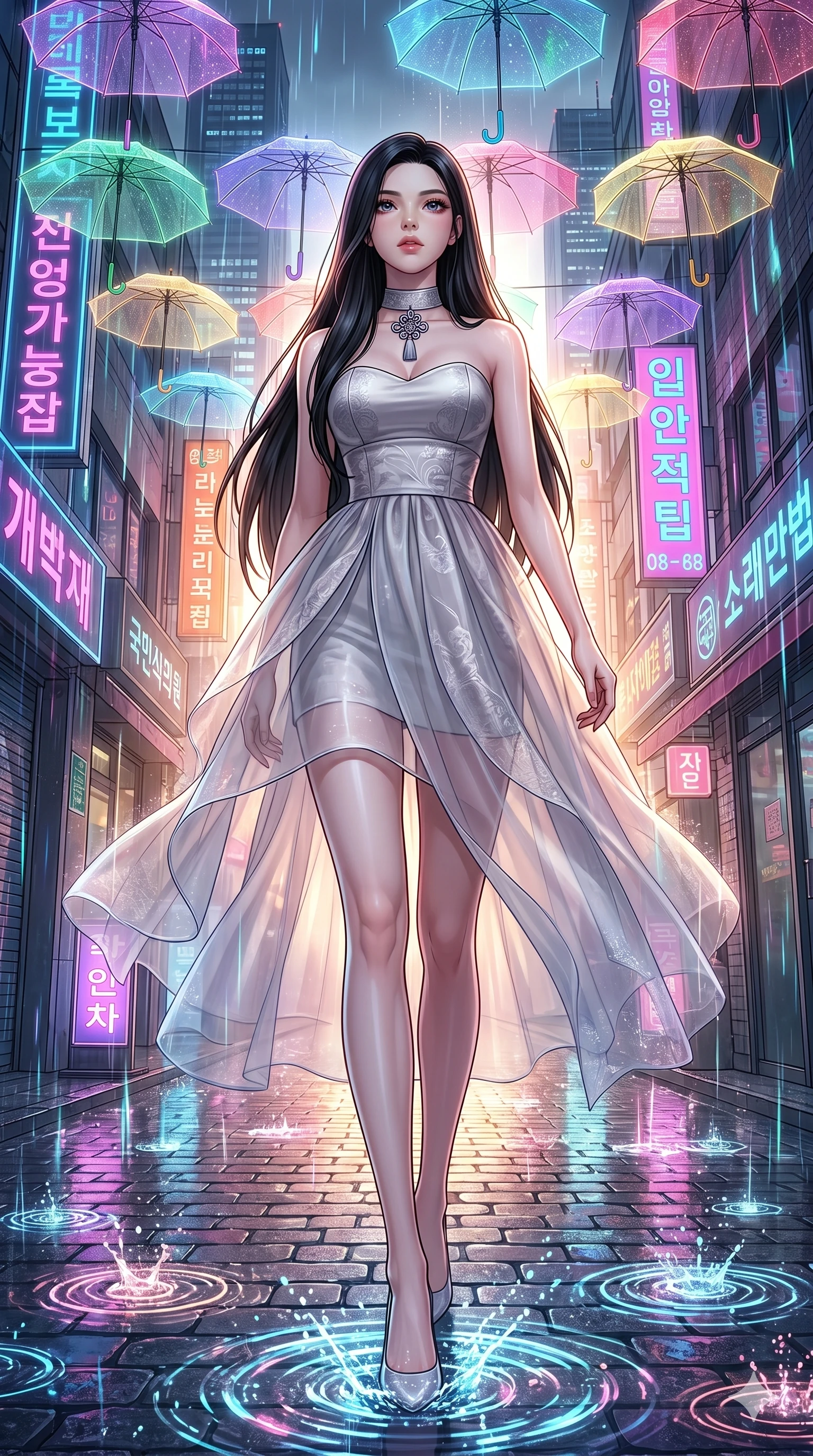 score_9, masterpiece, best quality, ultra-detailed, high-budget anime keyframe, Korean woman. low angle full-body shot filling the entire 9:16 frame with her statuesque presence, stretching the vertical silhouette. navigating a wet neon-lit future street under colorful floating umbrellas as translucent neon raindrops fall, creating brilliant splash ripples. She has an absolutely perfect 8-heads proportion, an exceptionally tall and slender female figure with impossibly long slender legs and an ultra-slim waist. V-shaped jawline, high-bridge nose, intricate jewel-like eyes with depth, thick eyelashes, glossy lips with a natural sheen.. wearing a modern fusion silk hanbok dress, featuring a silk bustier top, layered sheer organza skirts, and a traditional knot choker. illuminated by dramatic chiaroscuro casting soft shadows along her curves, with vibrant backlighting highlighting the dust particles. 2k, ultra detail, master piece, 9:16 ratio