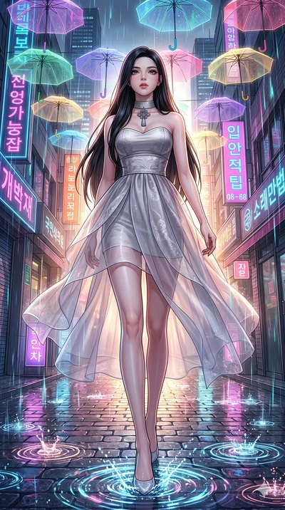 score_9, masterpiece, best quality, ultra-detailed, high-budget anime keyframe, Korean woman. low angle full-body shot filling the entire 9:16 frame with her statuesque presence, stretching the vertical silhouette. navigating a wet neon-lit future st