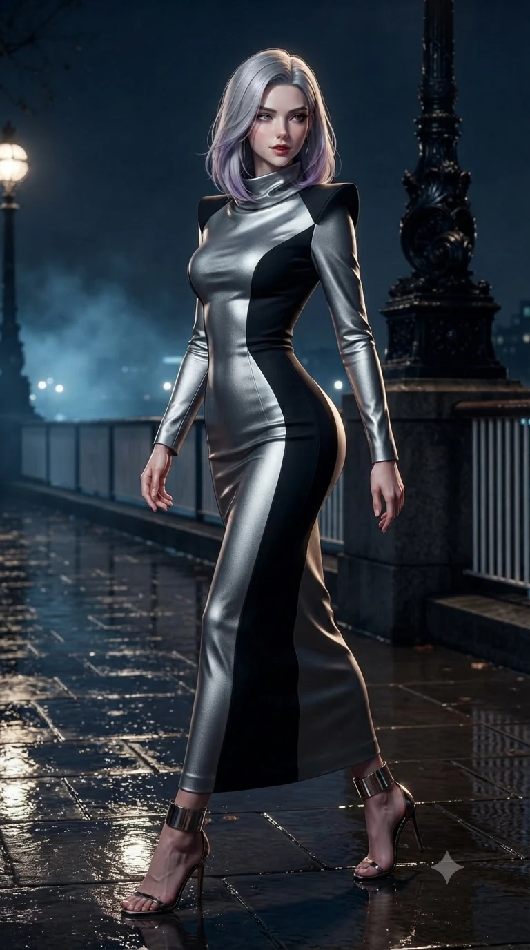 score_9, masterpiece, best quality, ultra-detailed, high-budget anime keyframe, editorial fashion photography, tasteful artistic composition, Caucasian woman. close-up cowboy shot from the waist and thighs up, the character dominates the composition, filling the frame with her large presence. twisting her slender torso in a deep contrapposto stance, hips dramatically shifted to accentuate her feminine curves while looking past her shoulder with smoldering bedroom-eyes while walking slowly along the wet Thames riverbank with hypnotic grace, hips swaying in an alluring sensual rhythm that accentuates her curvy hourglass silhouette. The surrounding environment is rendered in vivid detail and crisp panoramic clarity: sharp cast-iron lamppost scrollwork, wet granite paving slab reflections, and cold river mist clarity in deep focus. She has an exceptionally elegant, slender, and willowy female figure with an ultra-slim waist, flat toned midriff, narrow ribcage, and sculpted feminine hips creating an alluring, slim hourglass silhouette without bulk. sharp v-shaped jawline, high-bridge nose, intricate jewel-like dark sparkling eyes with dangerous depth, thick curled eyelashes, glossy parted lips with a rich wine sheen, smoldering seductive half-smile with bedroom-eyes, exuding effortless superiority and intoxicating dark allure, flawlessly proportioned anatomical accuracy, strict slender model proportions, natural body alignment, perfectly sculpted long slender limbs, ultra-slim waistline, clean dynamic posture without body distortion. wearing a bespoke architectural wool-crepe column gown with high cowl neck and sharp structured shoulders in metallic liquid silver and pitch black, tailored from fine lightweight midnight wool crepe with crisp architectural structure, complemented by strappy stiletto heels with metallic ankle cuffs accentuating her slender calves, the bespoke structured tailoring following the natural line of her 8.5-heads silhouette with refined elegance. illuminated by wet asphalt street bounce and sharp amber-topaz rim lights defining her razor-sharp jawline, narrow waist, and curvy hips. ultra-reflective glossy finish, specular highlights, rich textural contrasts, high-contrast stereoscopic depth, volumetric dynamic lighting, 2k, ultra detail, master piece, 9:16 ratio