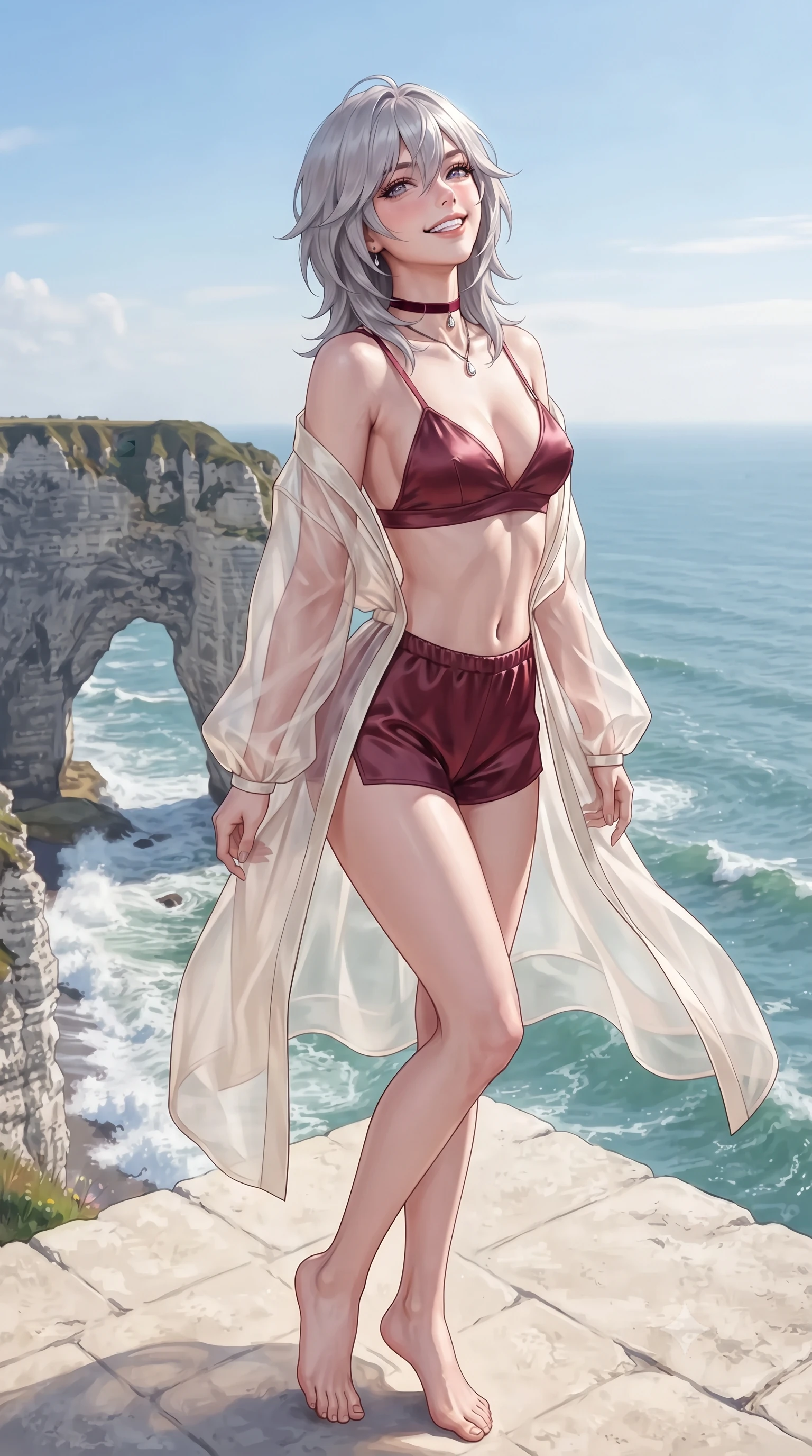 score_9, masterpiece, best quality, ultra-detailed, high-budget anime keyframe, editorial fashion photography, tasteful artistic composition, Japanese woman. low angle full-body shot from head to toe showing her feet, filling the entire 9:16 vertical frame with her statuesque presence, stretching her vertical silhouette. sitting poised on the stone steps with one knee bent, arching her spine with supermodel elegance as she glances upward through thick eyelashes while standing poised on the pale limestone terrace high above the iconic Porte d'Aval chalk arch, arching her spine with sovereign supermodel posture as Atlantic breakers crash below. The surrounding environment is rendered in vivid detail and crisp panoramic clarity: detailed garment cut, bodycon tailoring, and clifftop architectural craft in razor-sharp precision. She has an exceptionally tall and slender model-like 8.5-heads proportion, an ultra-slim waist, a flat toned midriff, narrow delicate ribcage, and beautifully sculpted feminine hips creating a graceful, slim hourglass silhouette without any bulky heaviness, with impossibly long slender legs. sharp v-shaped jawline, high-bridge nose, intricate jewel-like sparkling eyes with depth, thick eyelashes, glossy parted lips with a natural peach sheen, bright cheerful beaming smile with an enchanting and coquettish sensual glint, exuding both youthful cute charm and seductive allure, flawlessly proportioned anatomical accuracy, strict slender model proportions, natural body alignment, perfectly sculpted long slender limbs, ultra-slim waistline, clean dynamic posture without body distortion. wearing a sheer silk organza modern caftan robe worn loose and slipping off bare shoulders over a matching satin bralette and micro-shorts in Belvedere ivory pearl and Habsburg bordeaux wine, crafted from bespoke double-faced cashmere with an exceptionally soft tactile finish, finished with a thin velvet ribbon choker and a single teardrop diamond pendant, the form-contouring silhouette accentuating her sculpted flat midriff, narrow delicate ribcage, and gracefully curvy hips with intoxicating allure. illuminated by white chalk reflection bounce and sharp gold-cyan dual rim lights sculpting her features, flat midriff, and slender waist. ultra-reflective glossy finish, specular highlights, rich textural contrasts, high-contrast stereoscopic depth, volumetric dynamic lighting, 2k, ultra detail, master piece, 9:16 ratio